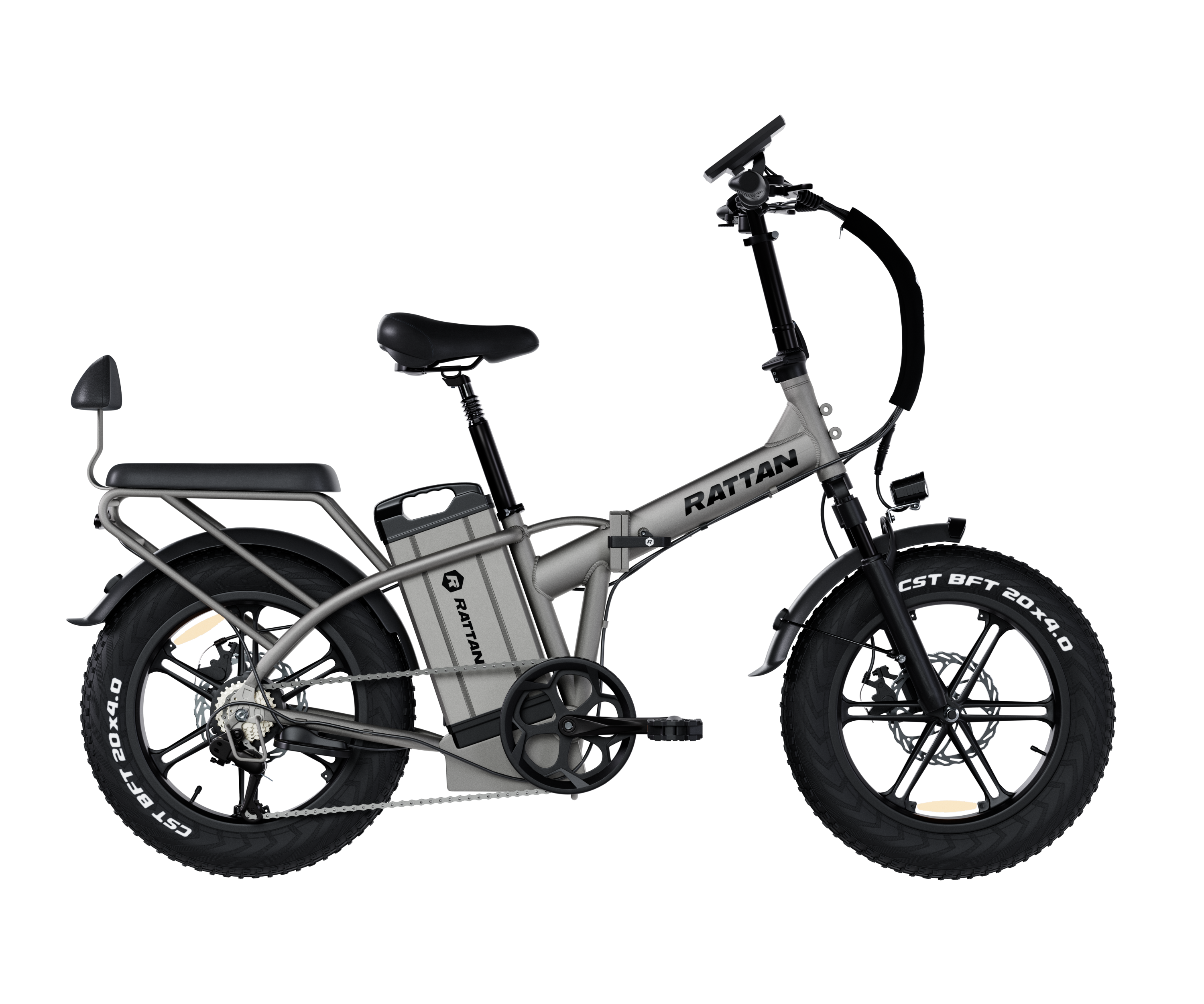 Bici elettrica pieghevole grigia con pneumatici larghi, portapacchi e batteria integrata.