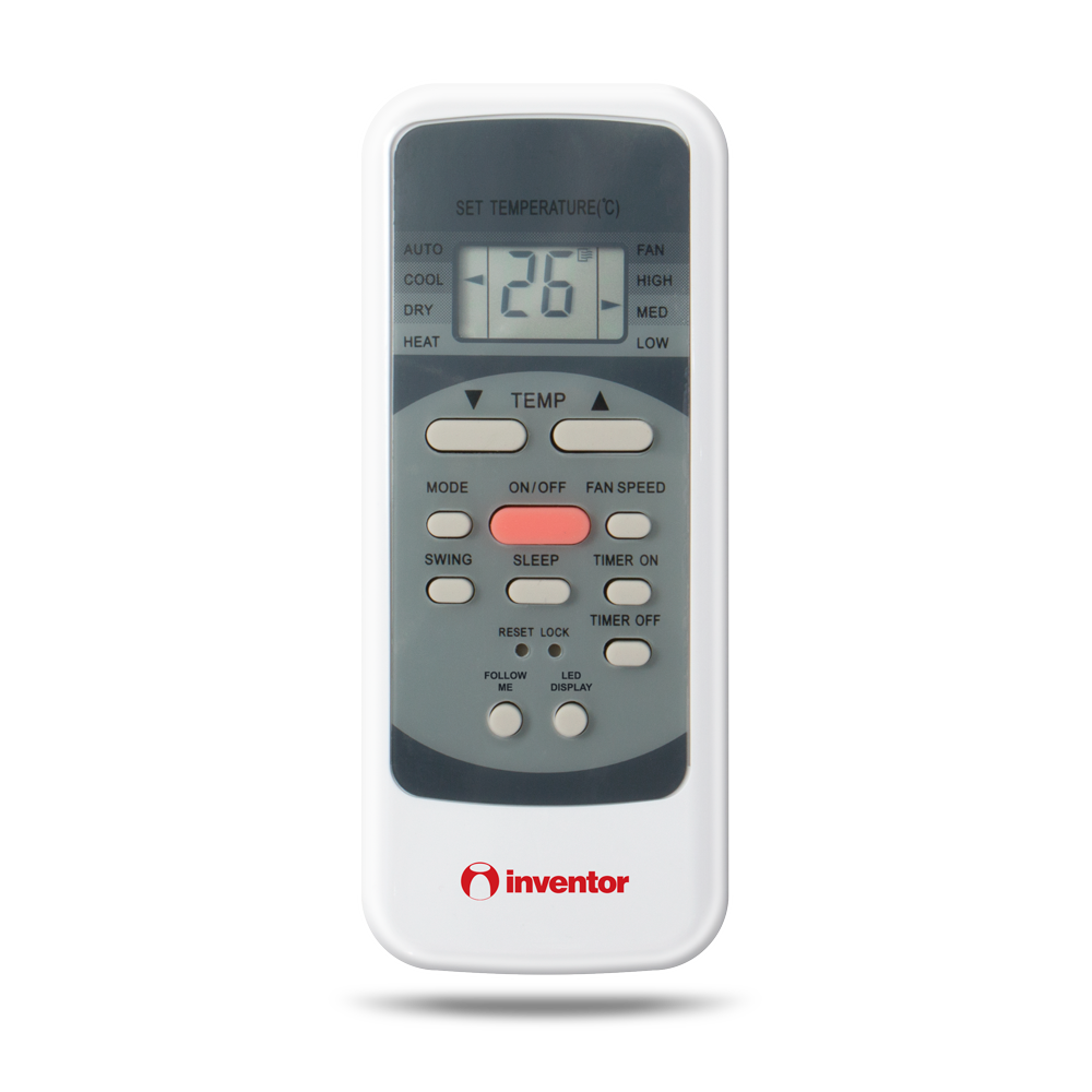 Un telecomando bianco per condizionatore con schermo LCD che mostra 26°C.