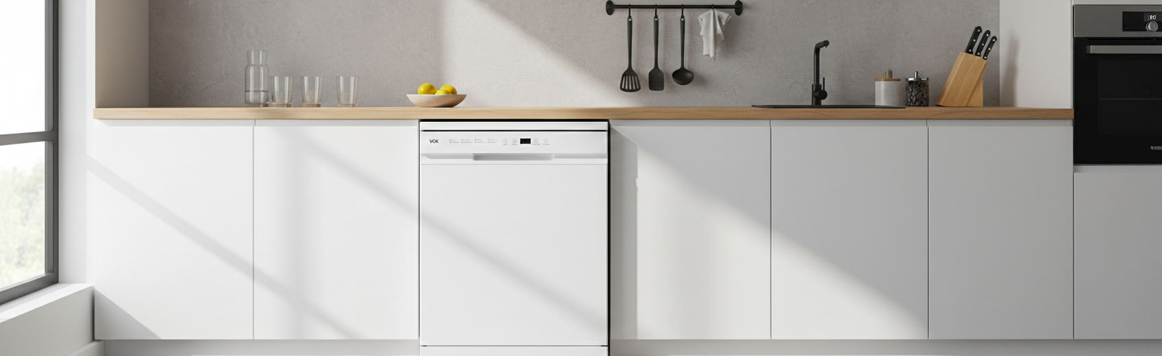 Moderna cocina blanca con lavavajillas, fregadero, horno y ventana.