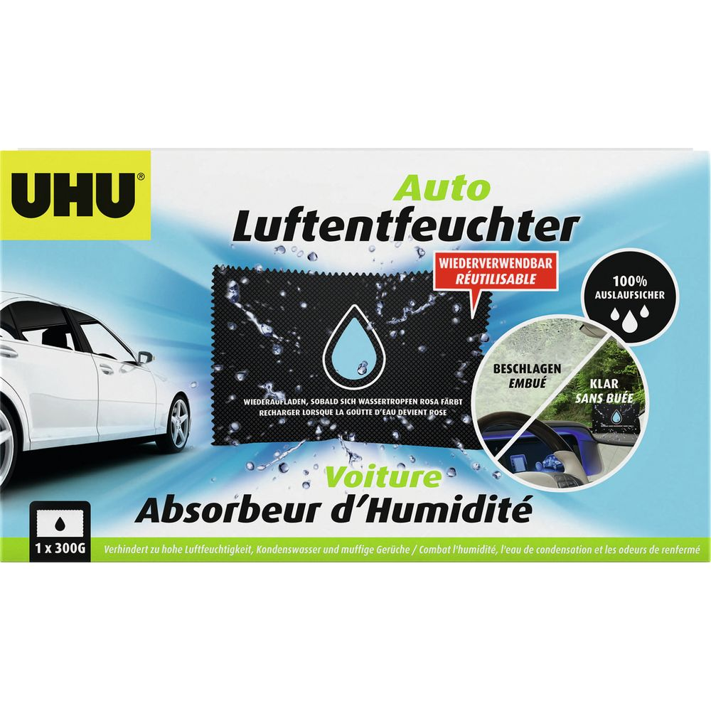 UHU Auto Luftentfeuchter Verpackung mit weißem Auto und feuchtigkeitsanzeige.
