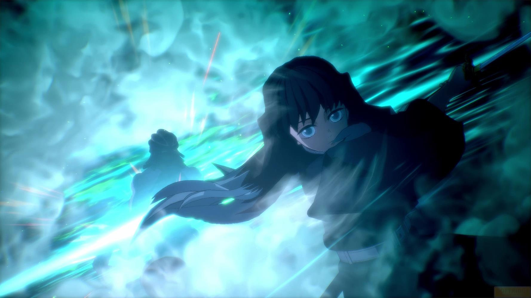 Anime-Figur mit Schwert in leuchtend blauen Energieeffekten. Ein Mann im Hintergrund.