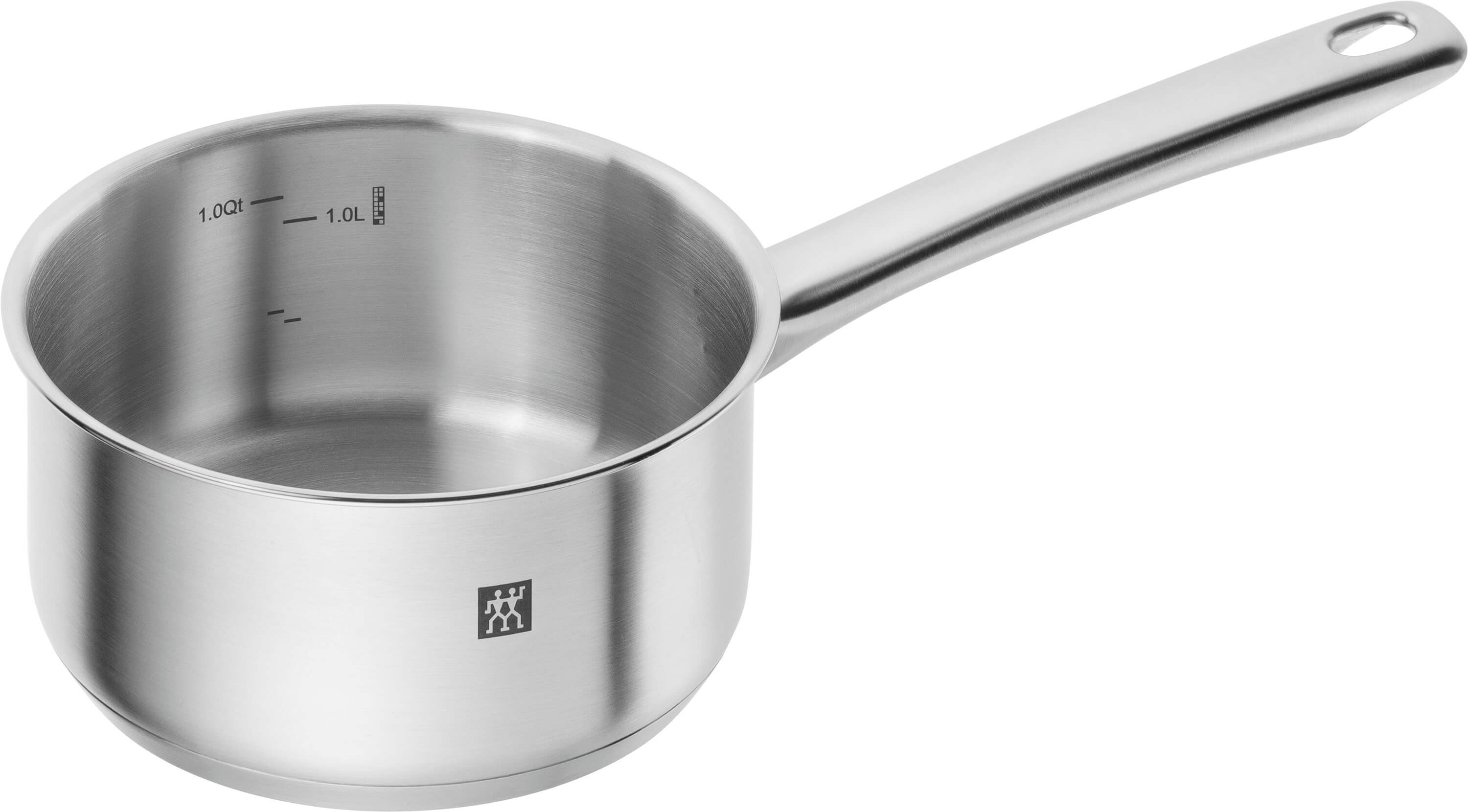 Stalowa rondelek z długim uchwytem i oznaczeniami 1,0 Qt i 1,0 L.