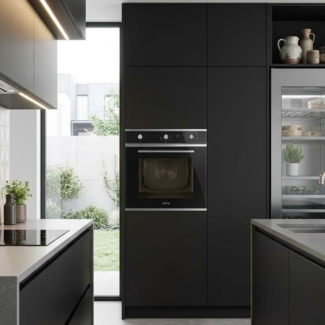 Moderna cucina nera con forno da incasso, cantinetta e vista giardino.
