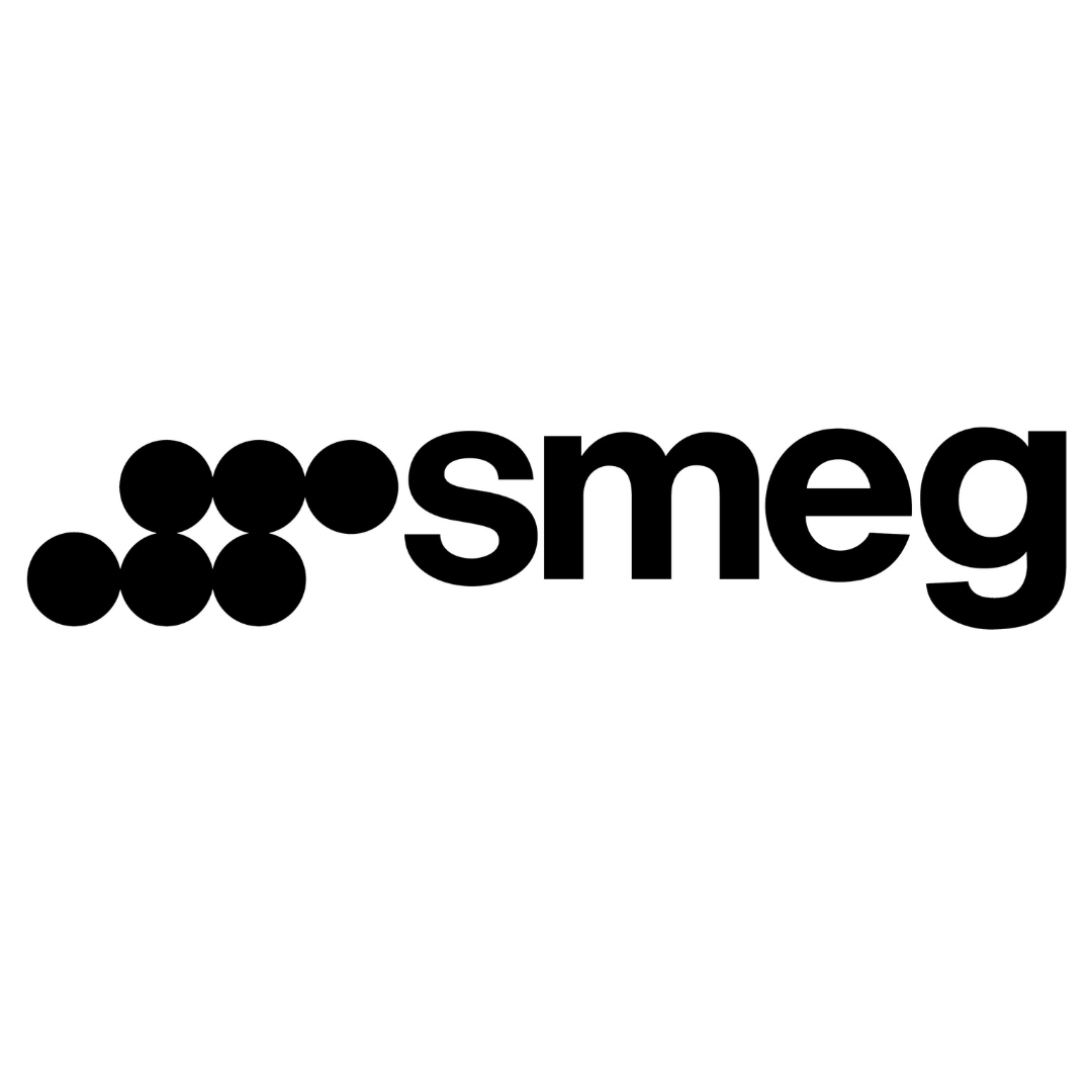 Logo Smeg bianco e nero con punti e testo.