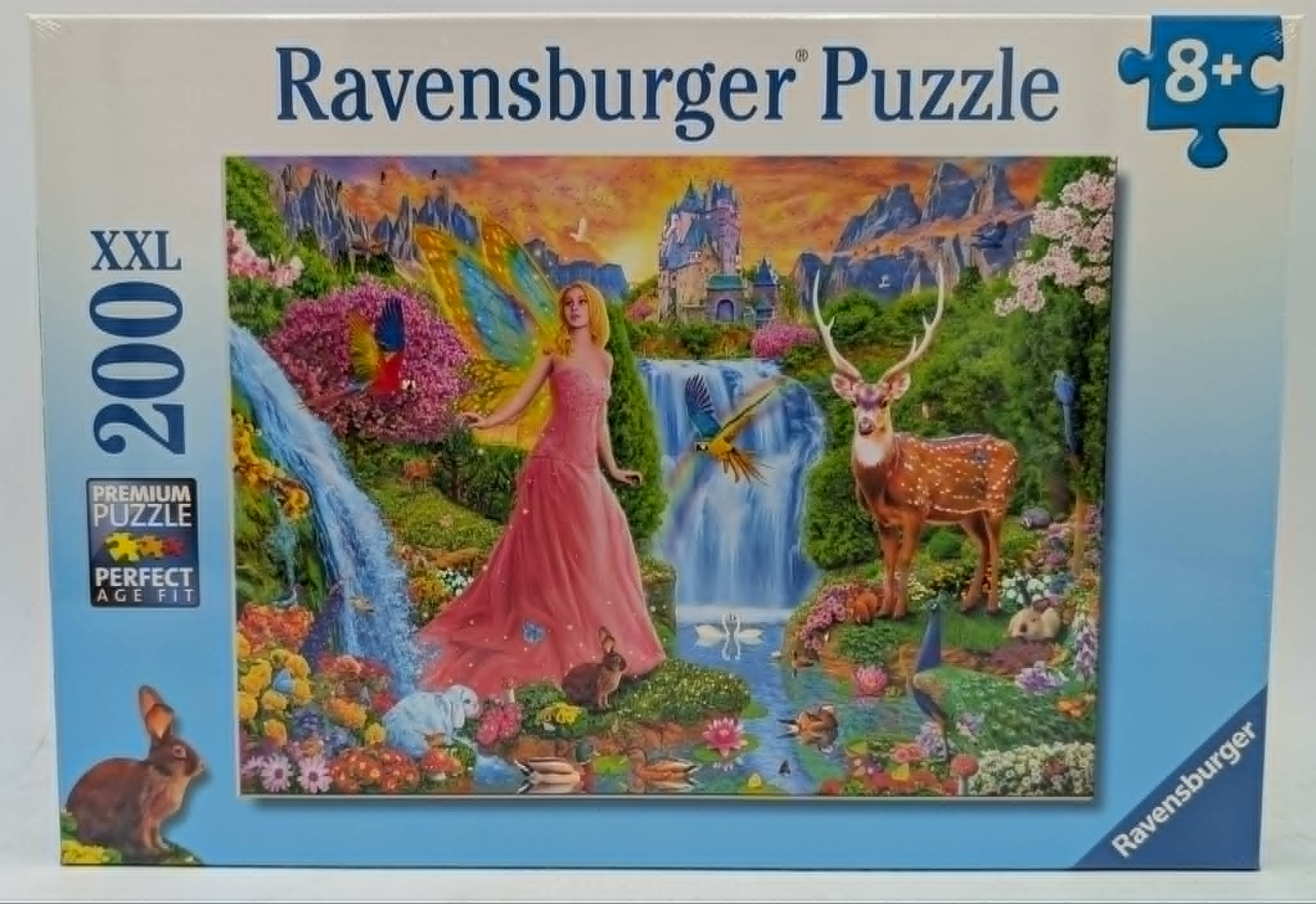 Ravensburger Puzzle 200 Teile: Fee im Märchenwald mit Reh, Pfau, Kaninchen und Wasserfall.
