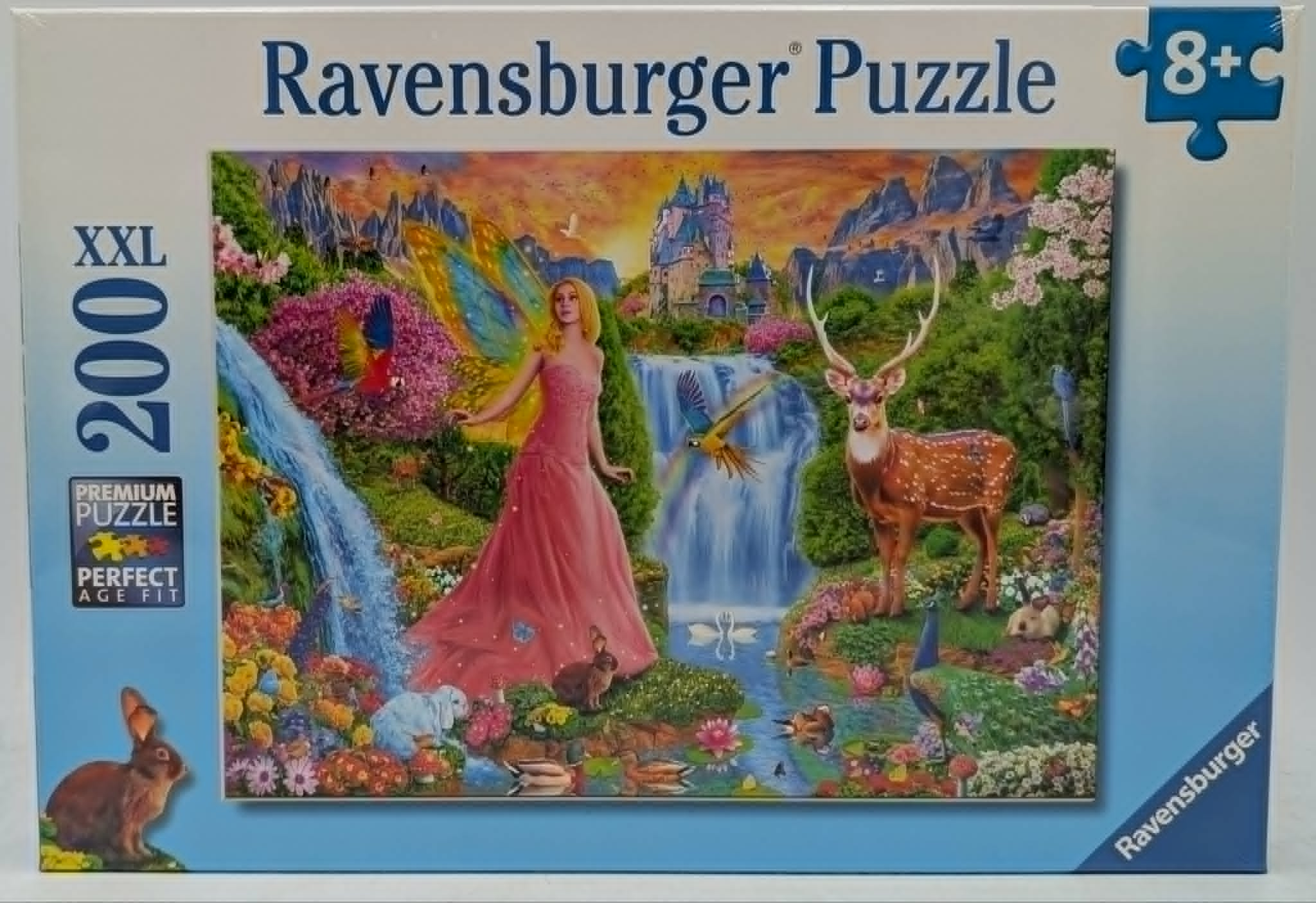 Fantasy-Szenen-Puzzlebox: Fee, Reh, Kaninchen, Vögel, Schloss, Wasserfall, Blumen.