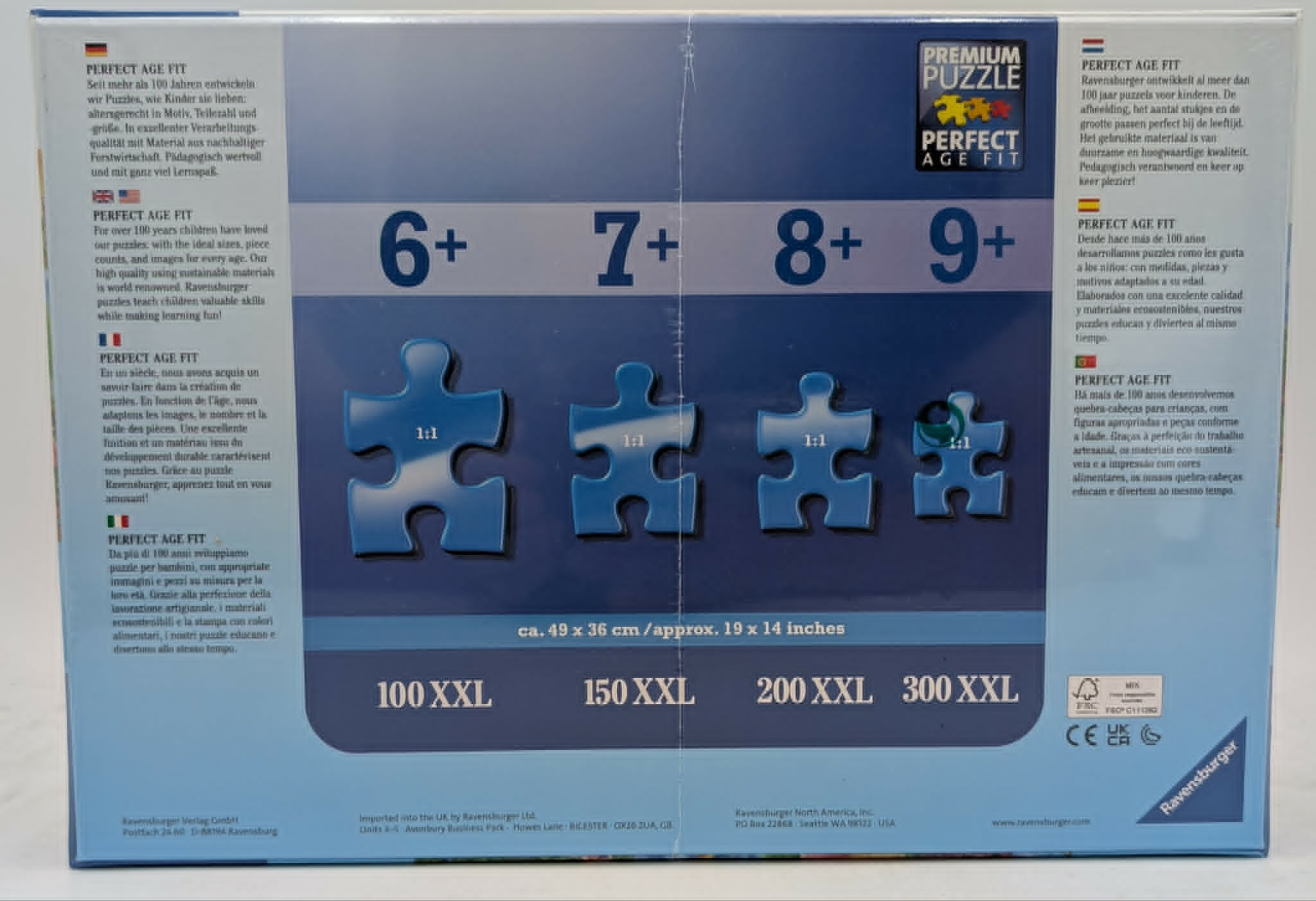 Verpackung für Ravensburger Puzzles mit Altersangaben 6+, 7+, 8+, 9+