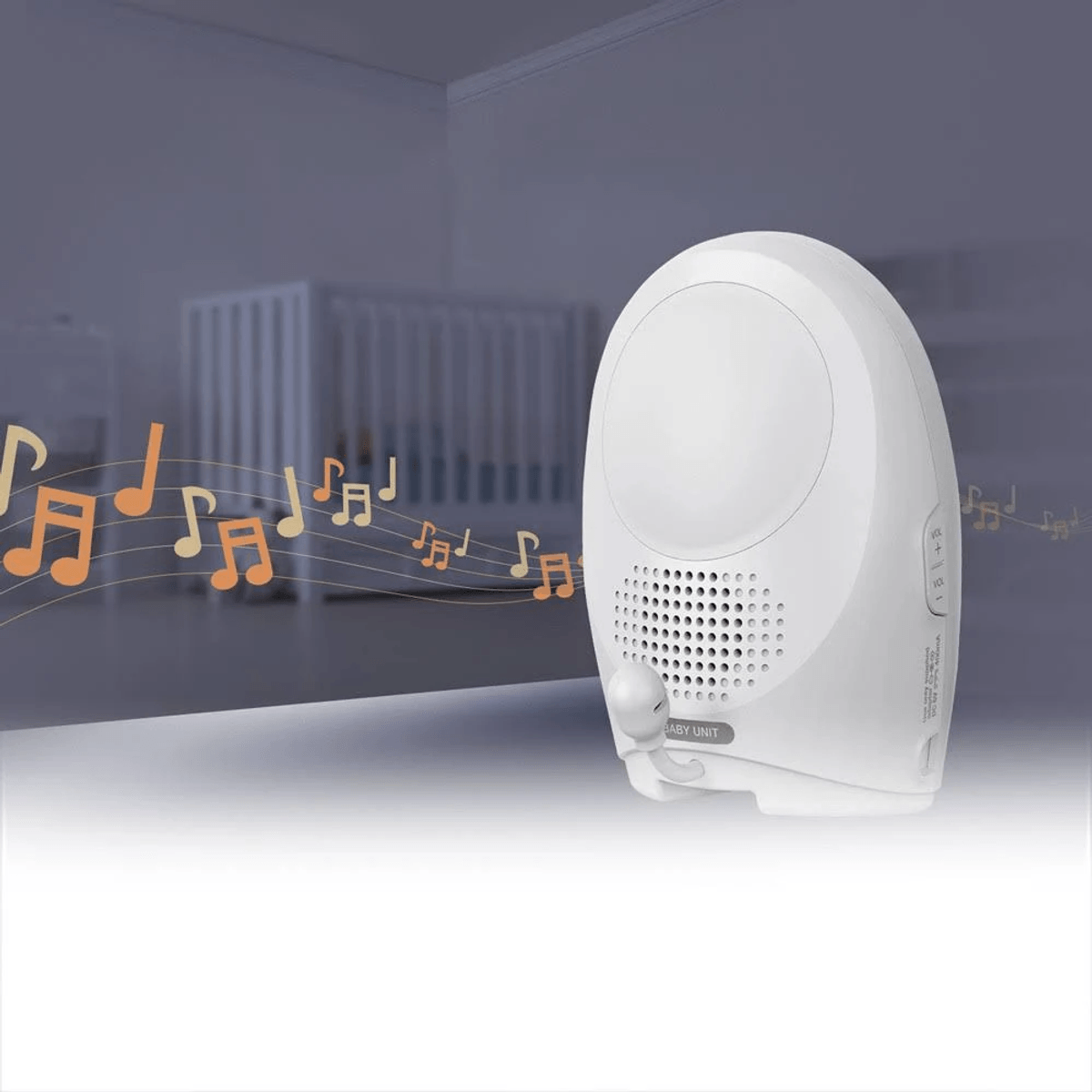 Un monitor de bebé blanco emite música, con notas musicales que se mueven a la izquierda.
