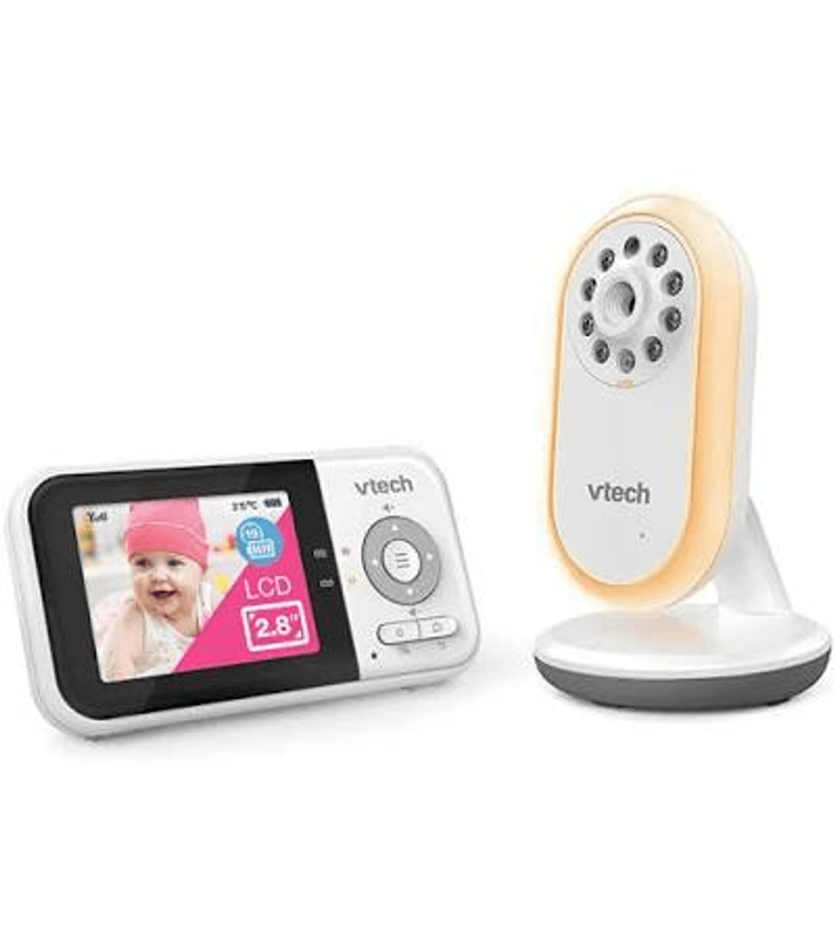 Un vigilabebés Vtech con cámara y pantalla. Se ve un bebé en la pantalla.