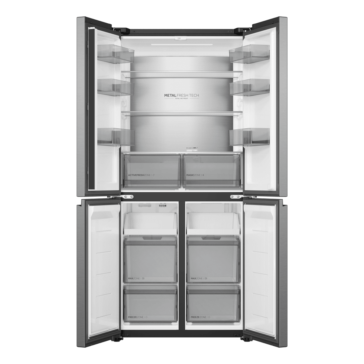 Un refrigerador abierto, plateado, de cuatro puertas con múltiples estantes y cajones.
