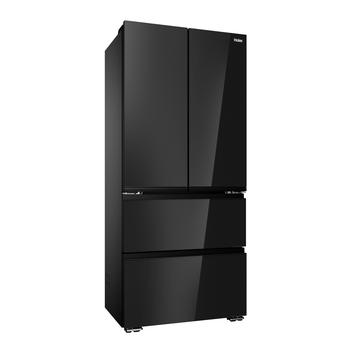 Un refrigerador Haier negro con cuatro puertas y cajones.