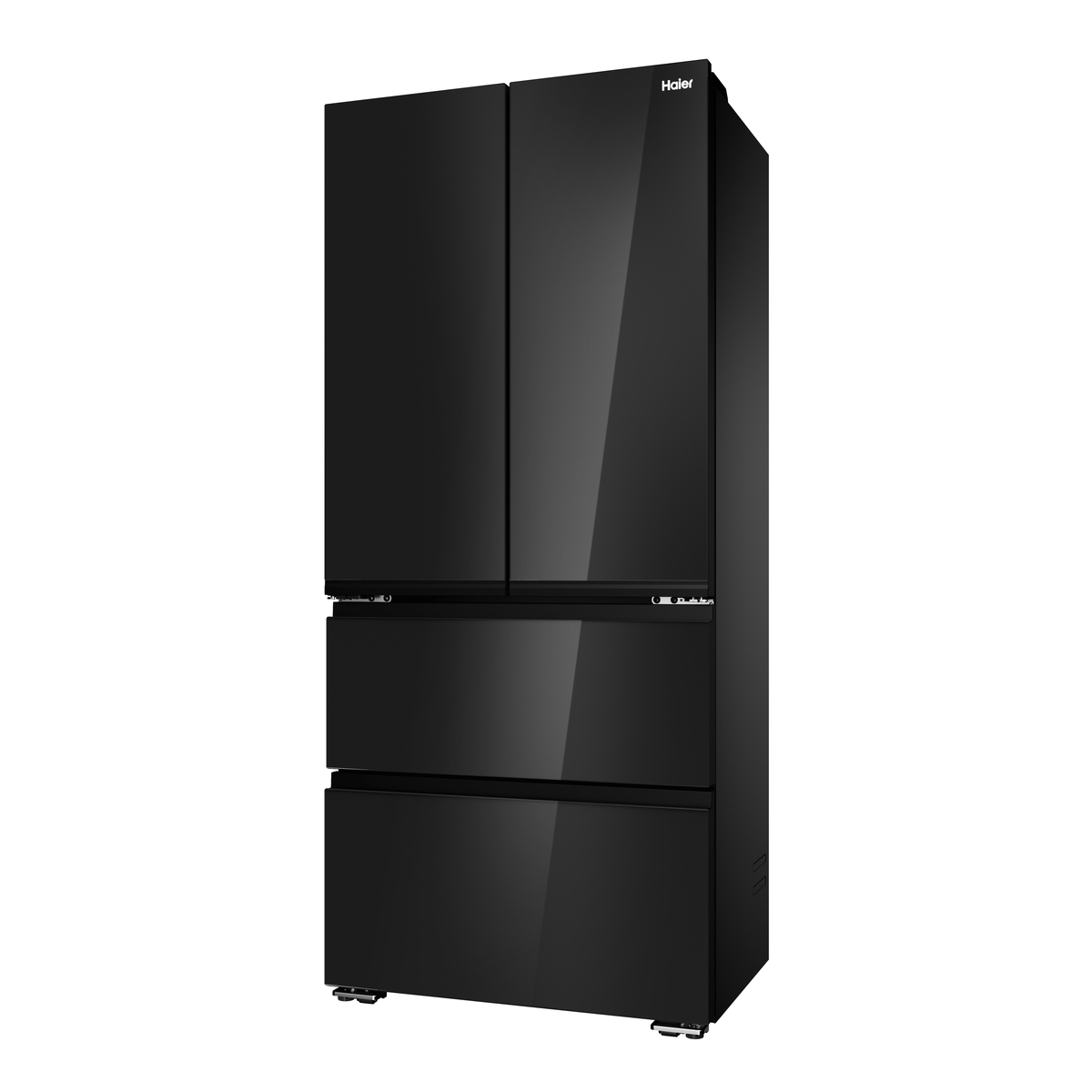 Refrigerador negro Haier con cuatro puertas y cajones.