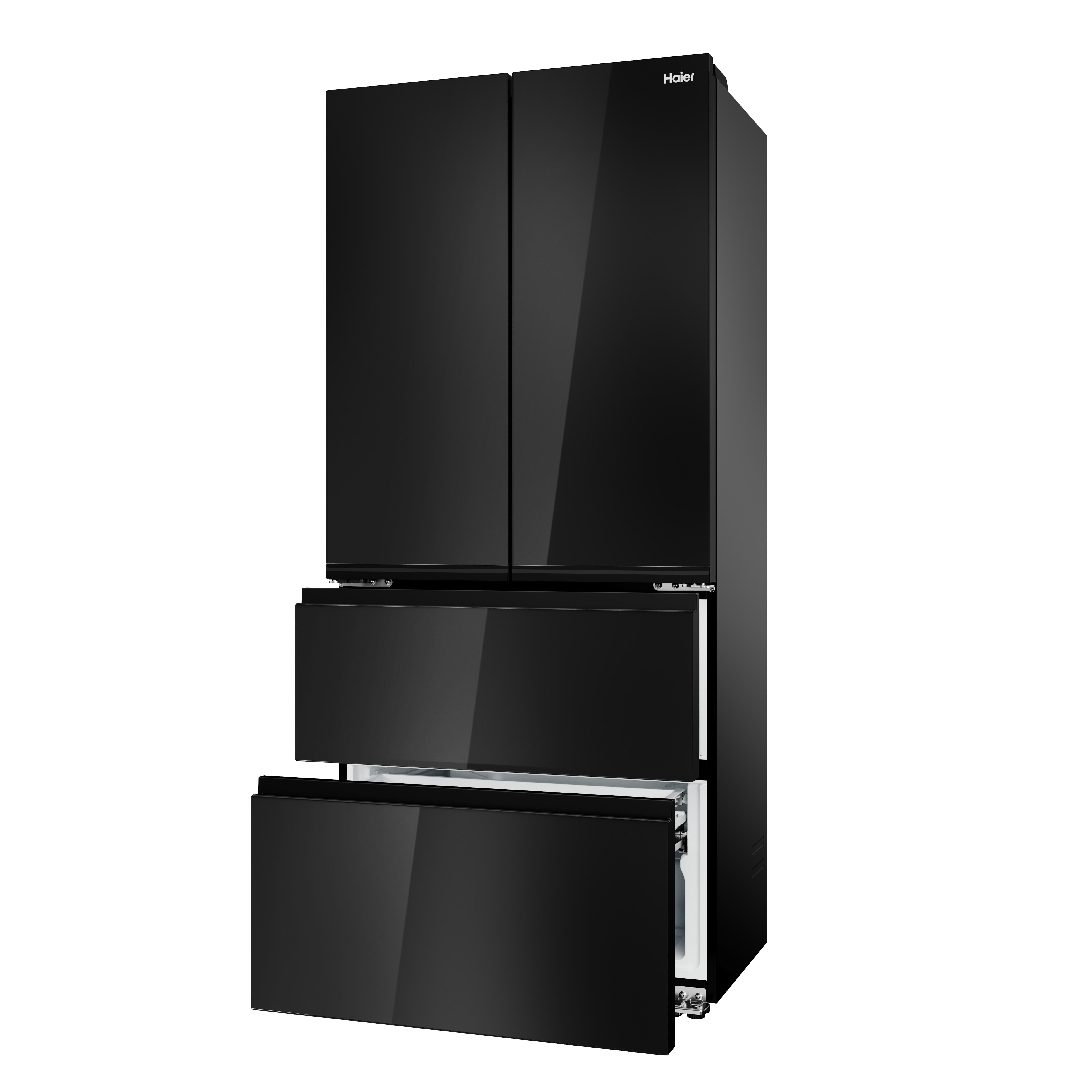 Refrigerador Haier negro de cuatro puertas con dos cajones extraíbles.
