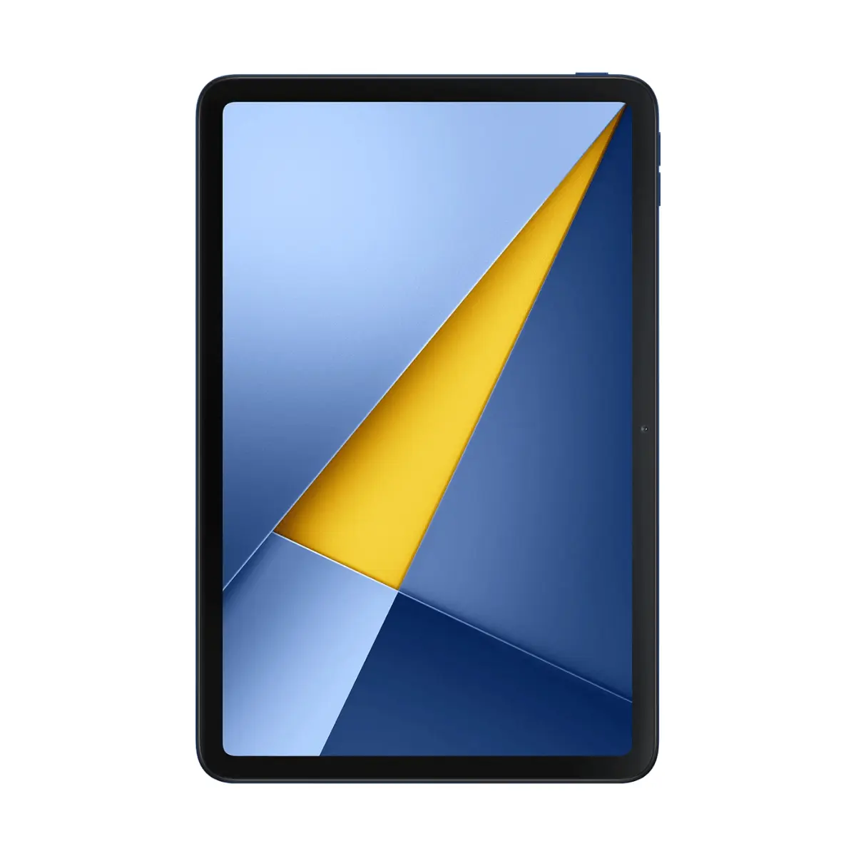 Una tableta negra que muestra un fondo de pantalla abstracto azul y amarillo.