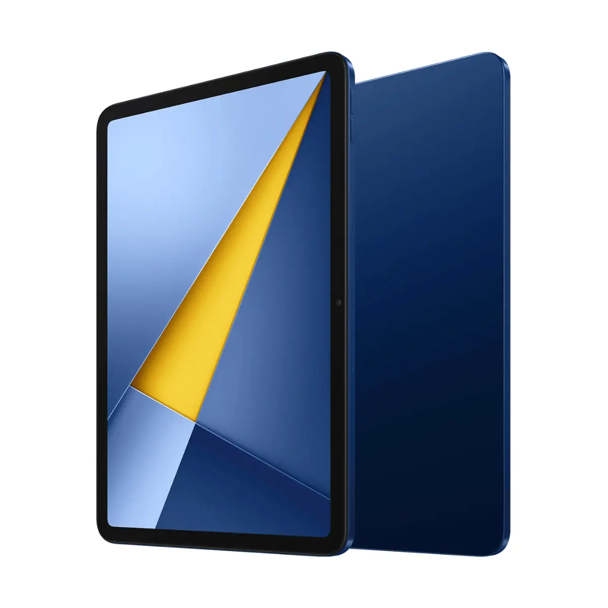 Dos tabletas azules una al lado de la otra, una muestra un fondo abstracto azul y amarillo.