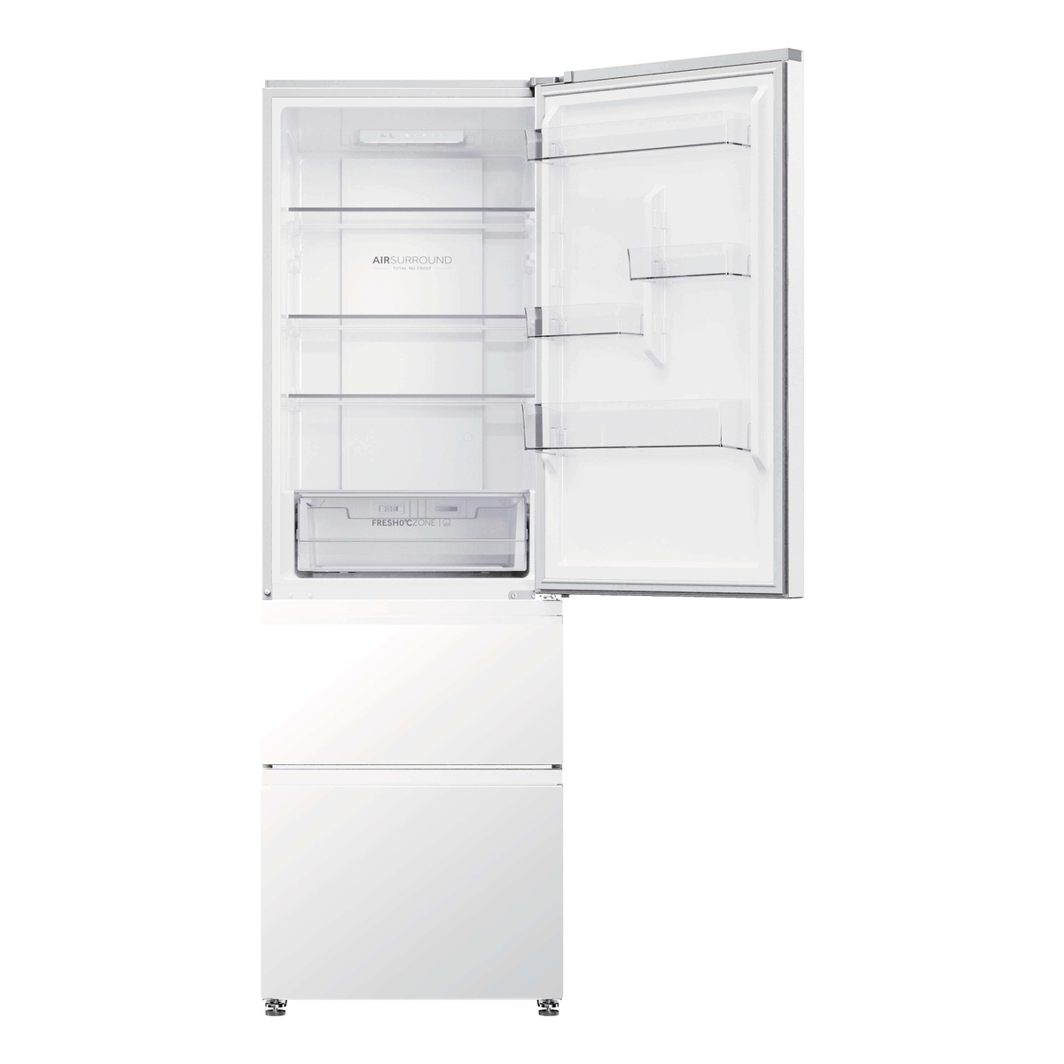 Un refrigerador blanco con la puerta abierta, interior visible.