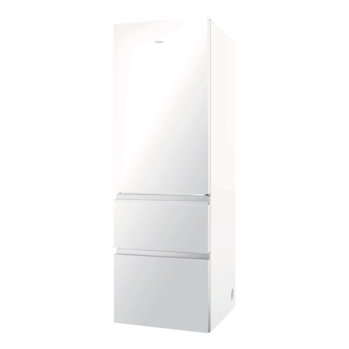 Un refrigerador blanco con tres cajones y el logo de Haier.
