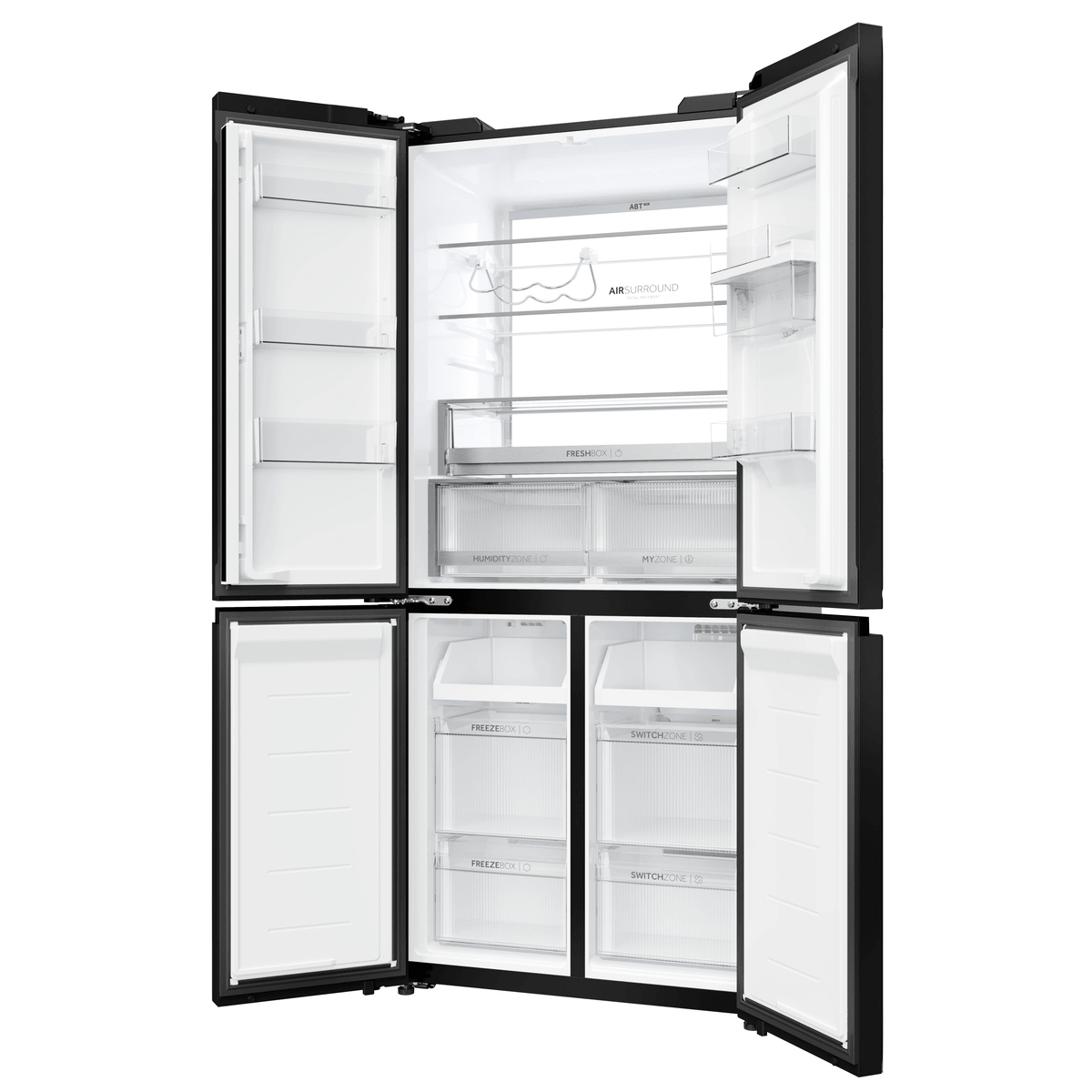 Refrigerador negro con puertas abiertas, estantes y cajones vacíos.