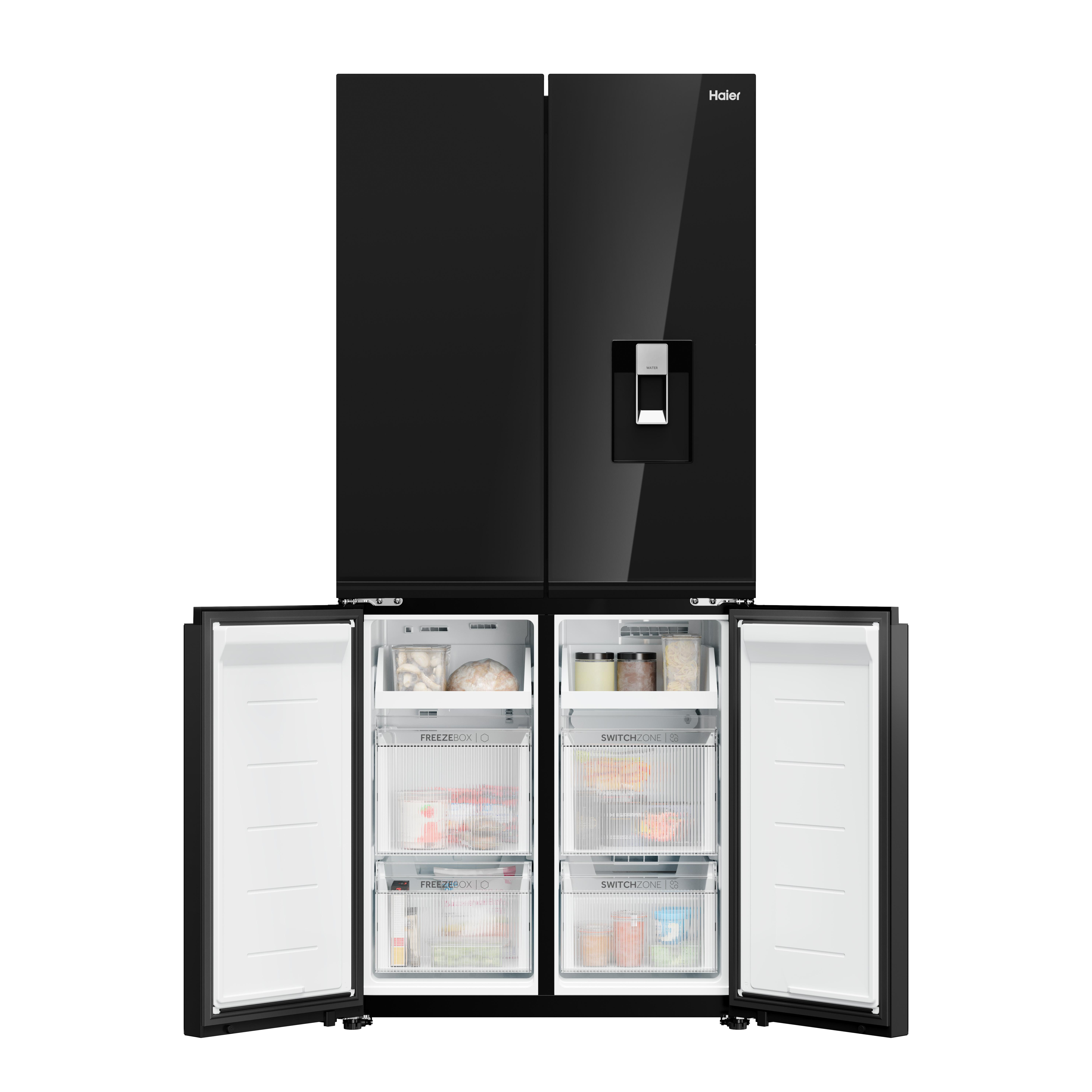Refrigerador negro de cuatro puertas, puertas superiores cerradas, inferiores abiertas.