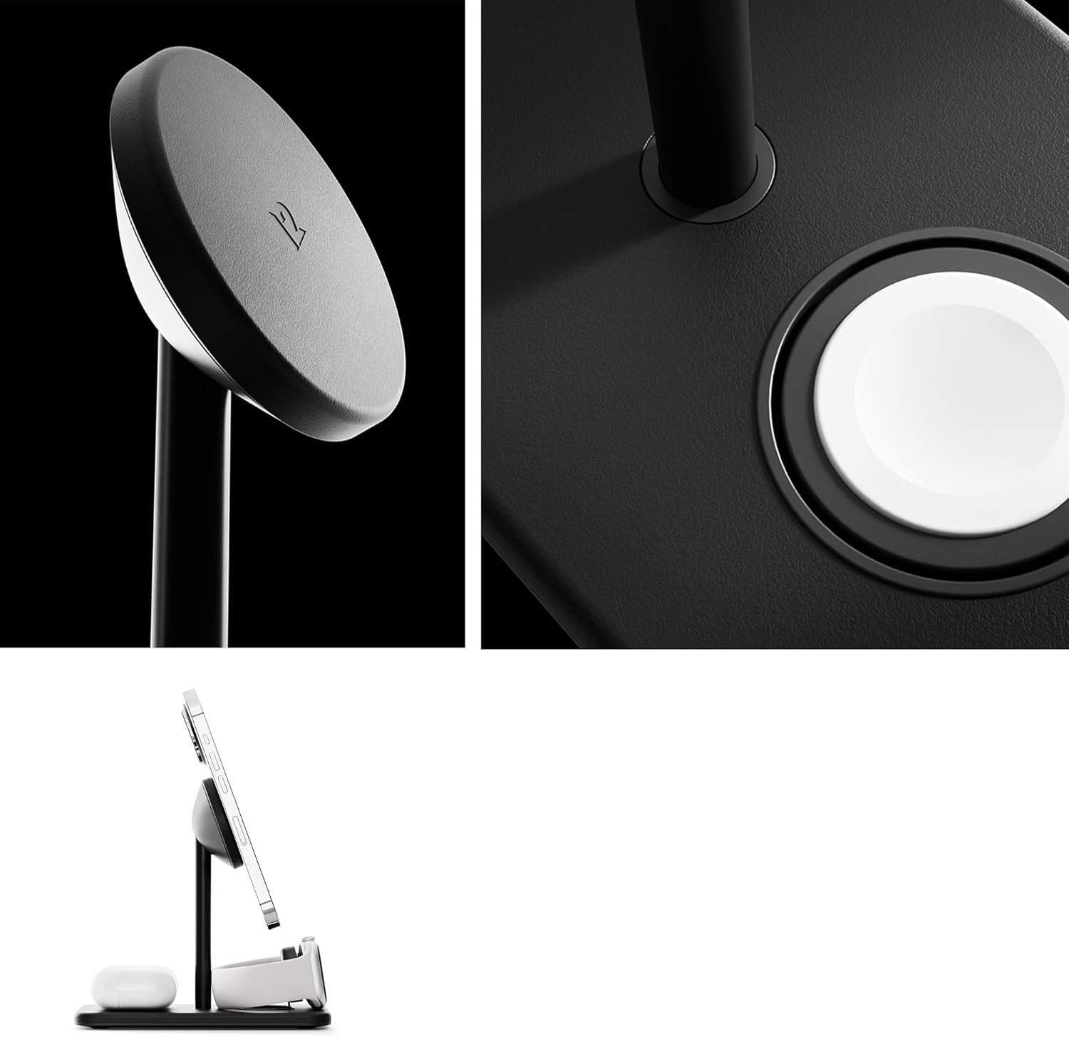 Czarna podstawka ładująca z telefonem, AirPods i ładowarką Apple Watch.