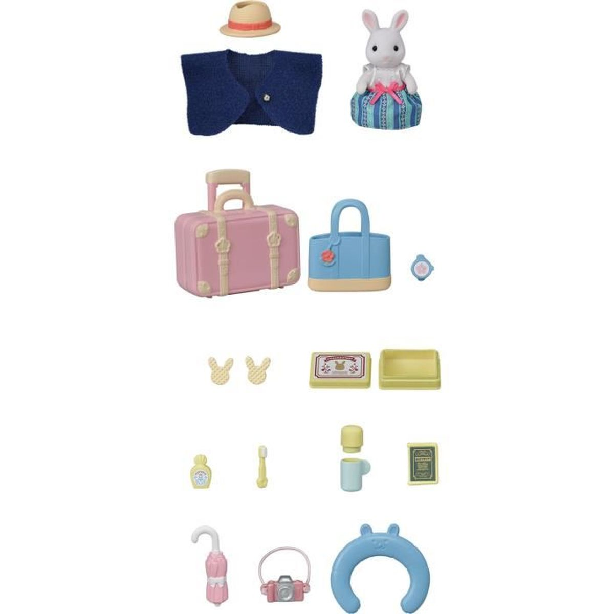 Miniatur-Reiseset mit Hase, Kleidung, Koffern, Taschen und Zubehör.