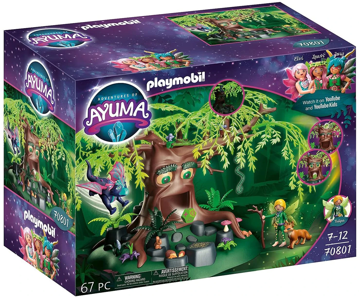Scatola giocattolo Playmobil Ayuma con fate, drago e albero parlante.