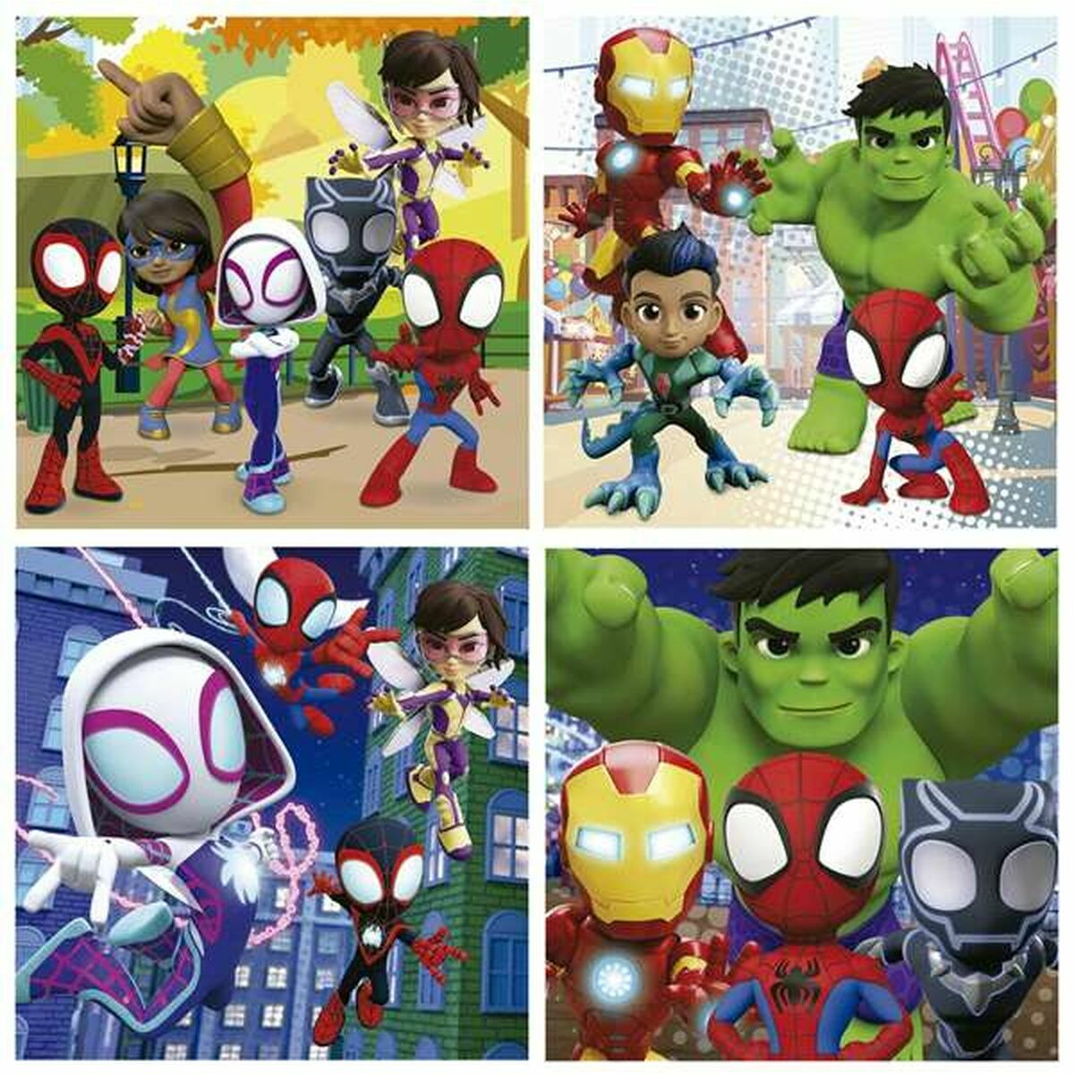 Quattro collage di supereroi Marvel in stile cartone animato.
