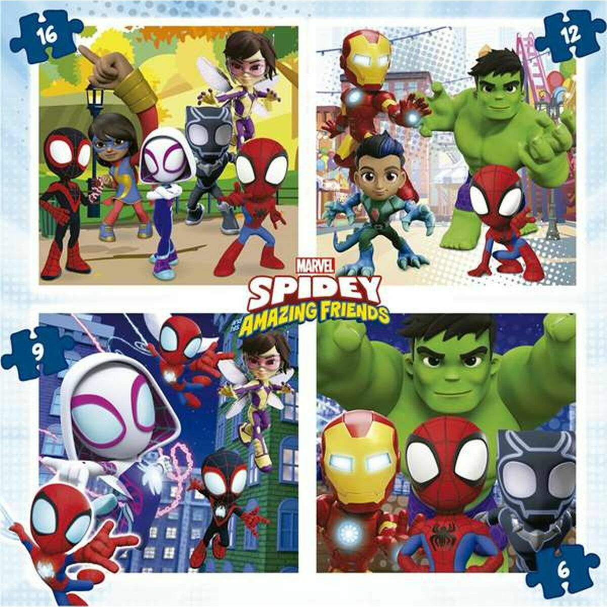 Marvel Spidey: Eroi su un'immagine di puzzle. I personaggi includono Spiderman, Iron Man e Hulk.