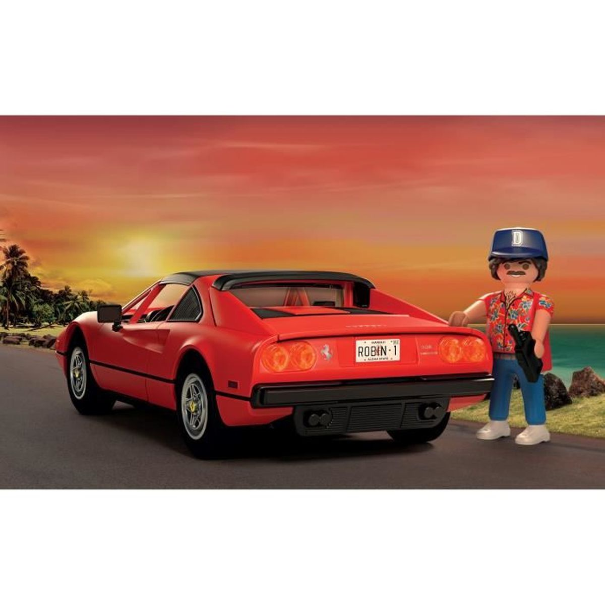 Un hombre con bigote y camisa hawaiana junto a un Ferrari rojo al atardecer.