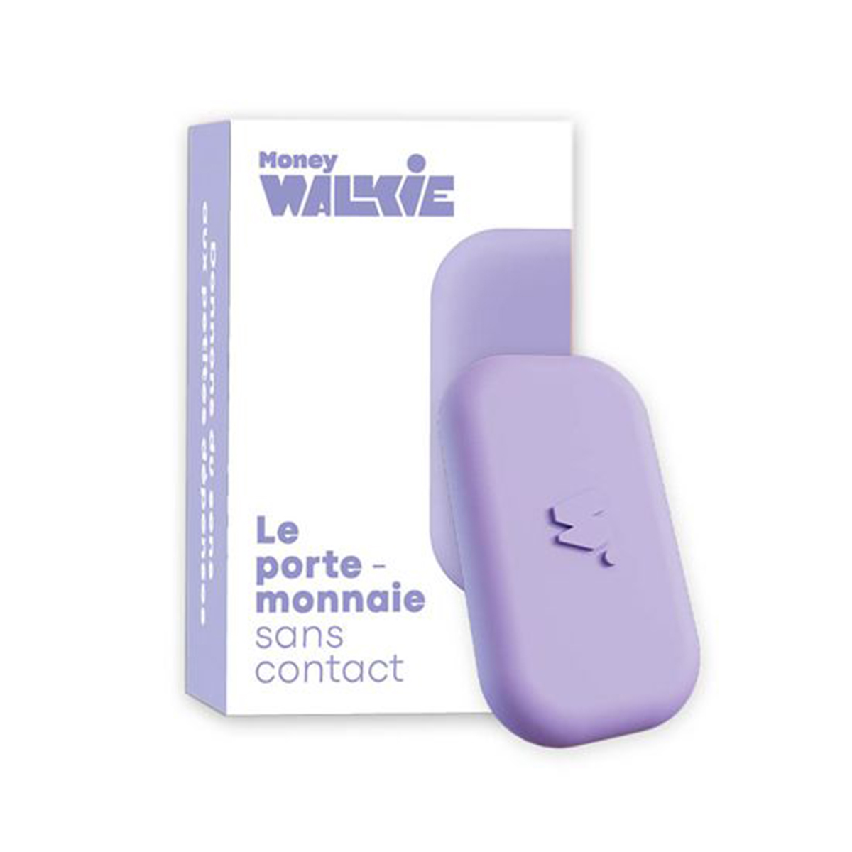 Portamonete contactless lavanda e confezione etichettata 'Money WALKIE'.