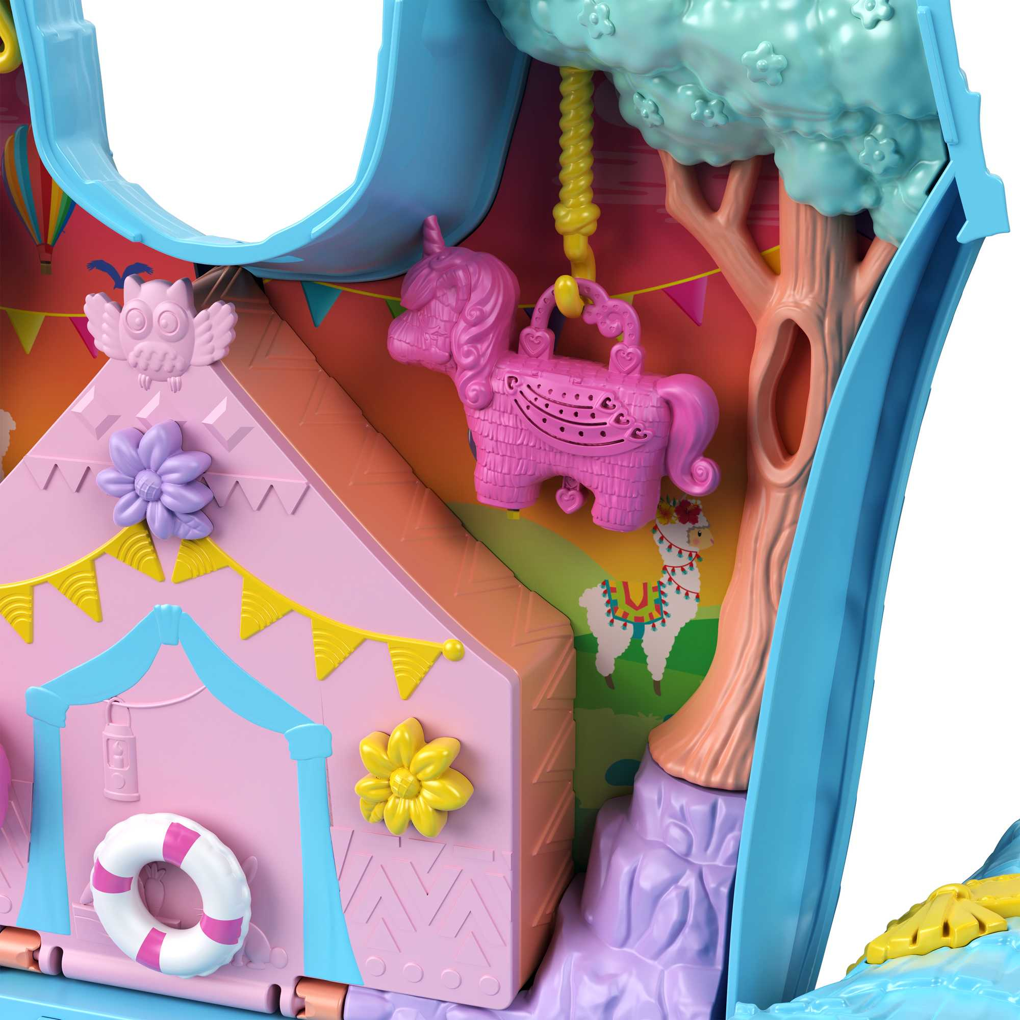 Buntes Spielzeugzelt mit Einhorn-Pinata, Lama und Baum.