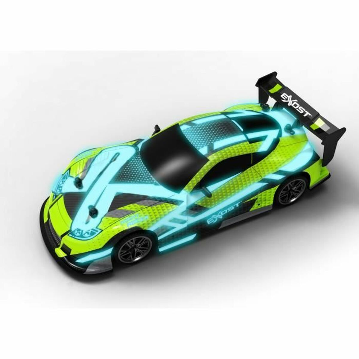 Un coche teledirigido azul y amarillo brillante con alerones.
