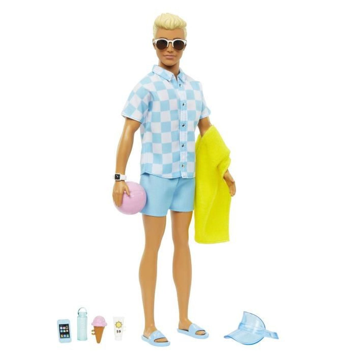 Muñeco Ken con atuendo de playa, pelota, toalla y accesorios.