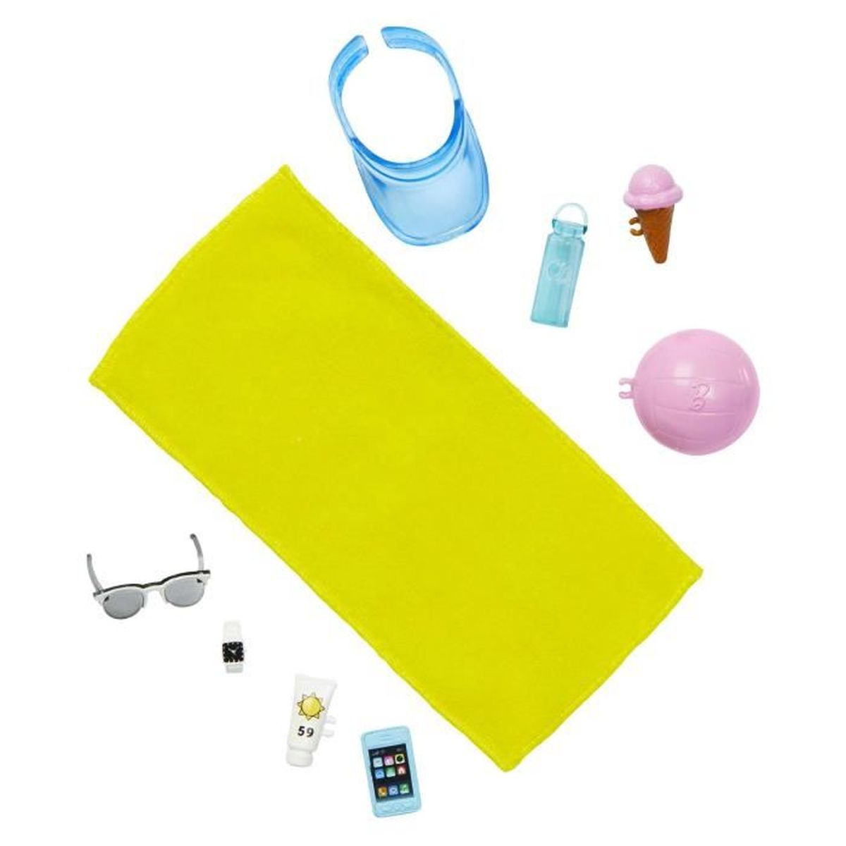 Toalla amarilla, gafas de sol, reloj, protector solar, teléfono, visera, botella, helado, pelota.