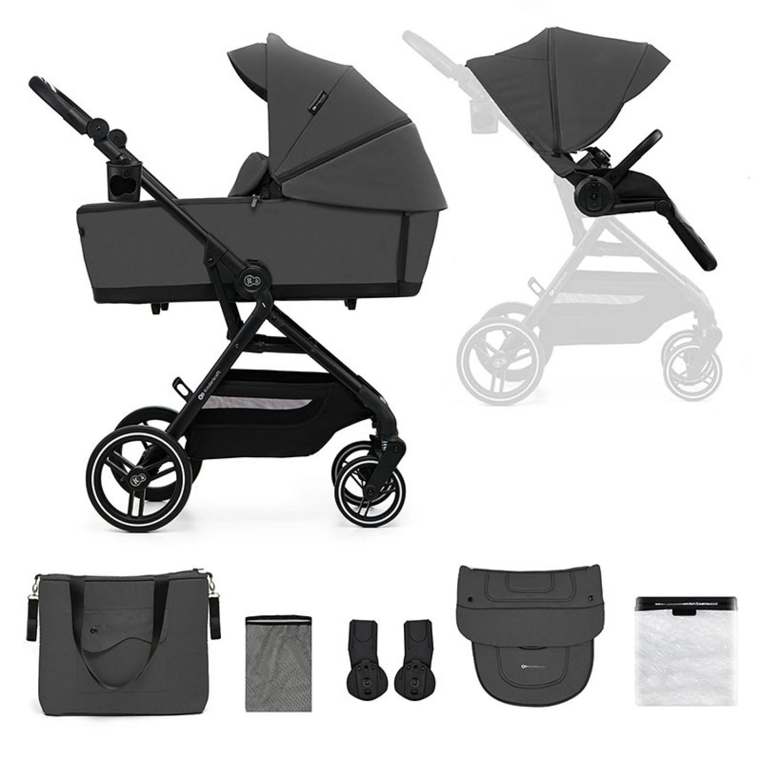 Ein grauer Kinderwagen mit Zubehör: Tasche, Netz, Adapter, Fußsack, Regenschutz.
