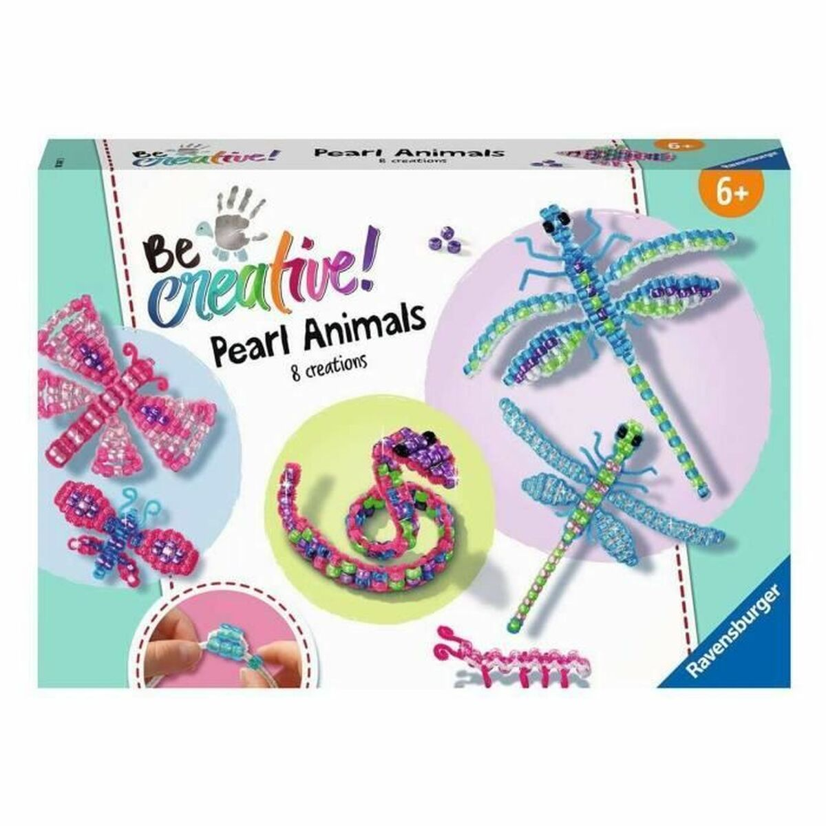 Ravensburger Be Creative Perlen Tiere Bastelset-Karton mit Perlenlibellen, Schlange, Raupe.