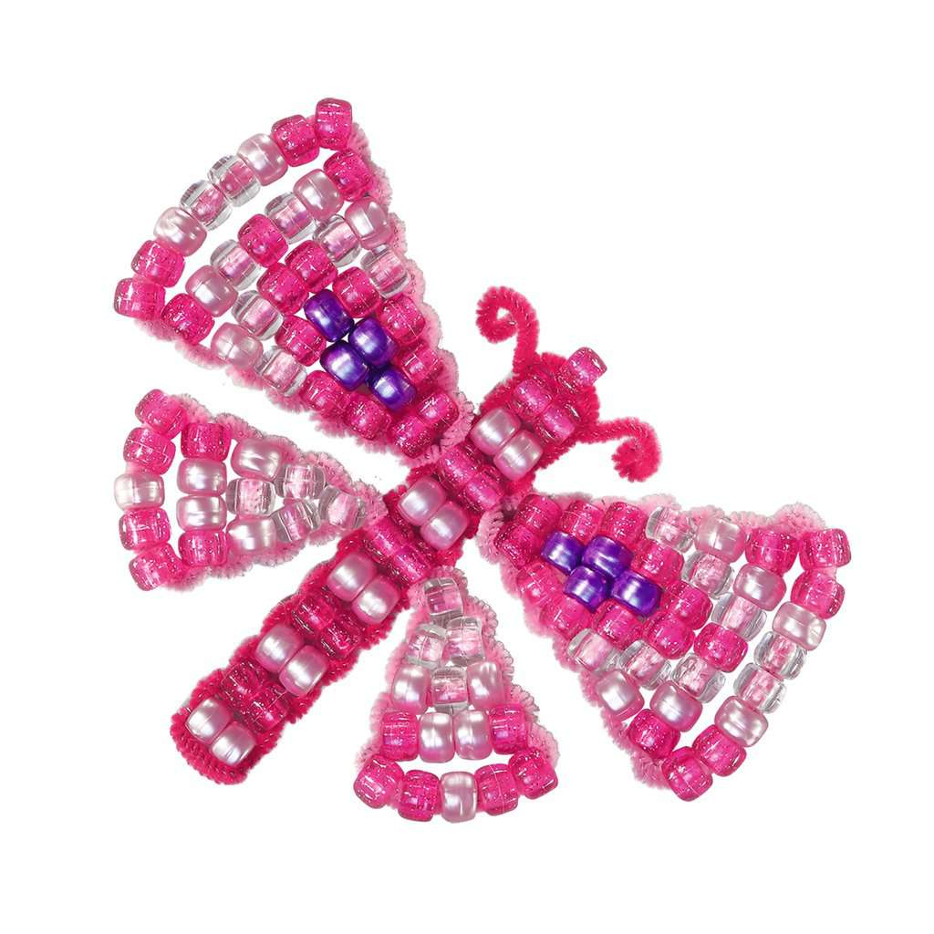 Ein pinker Schmetterling aus Perlen mit lila Akzenten und Fühlern aus Flauschdraht.