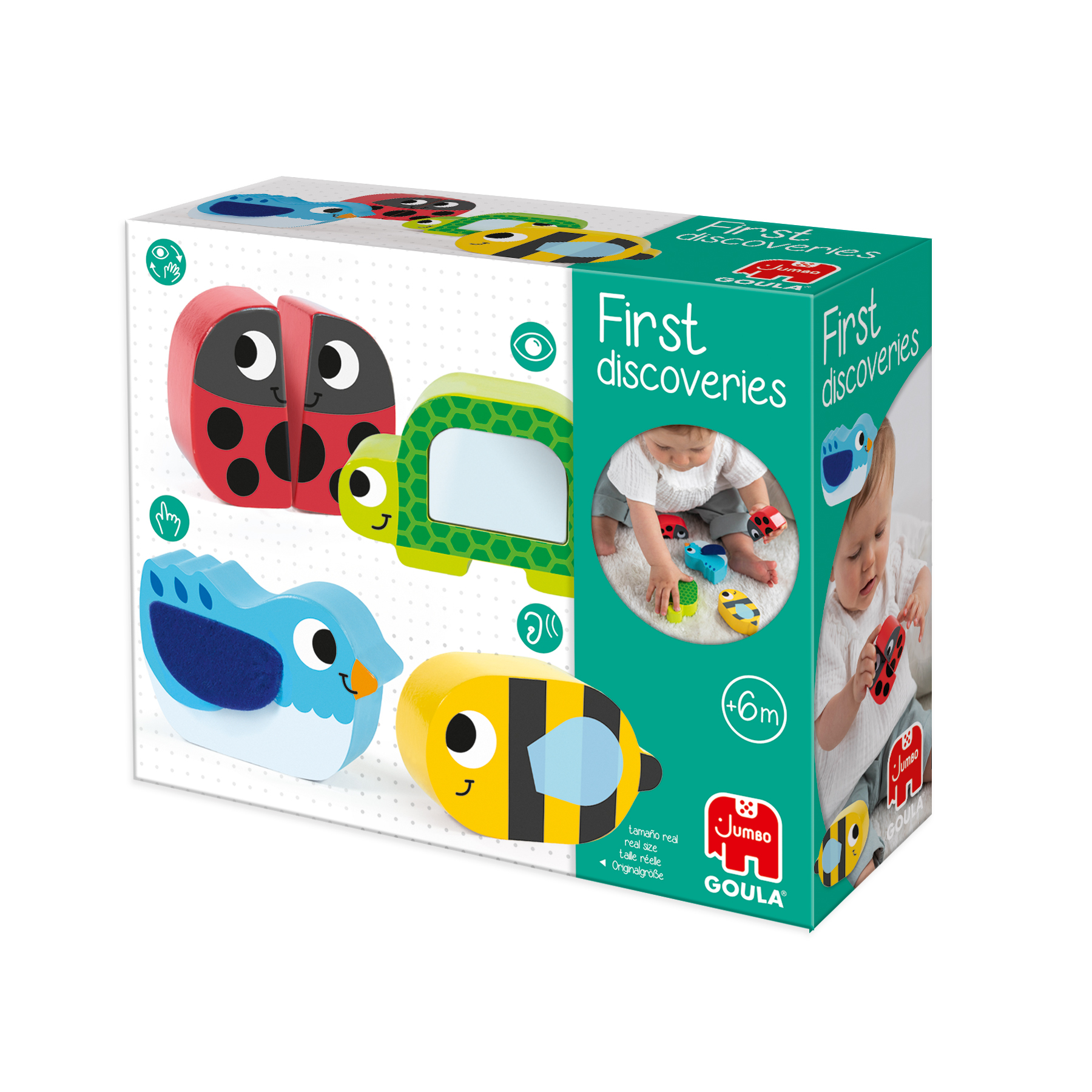 Packung mit Holzspielzeug: Marienkäfer, Schildkröte, Vogel, Biene und Autos.