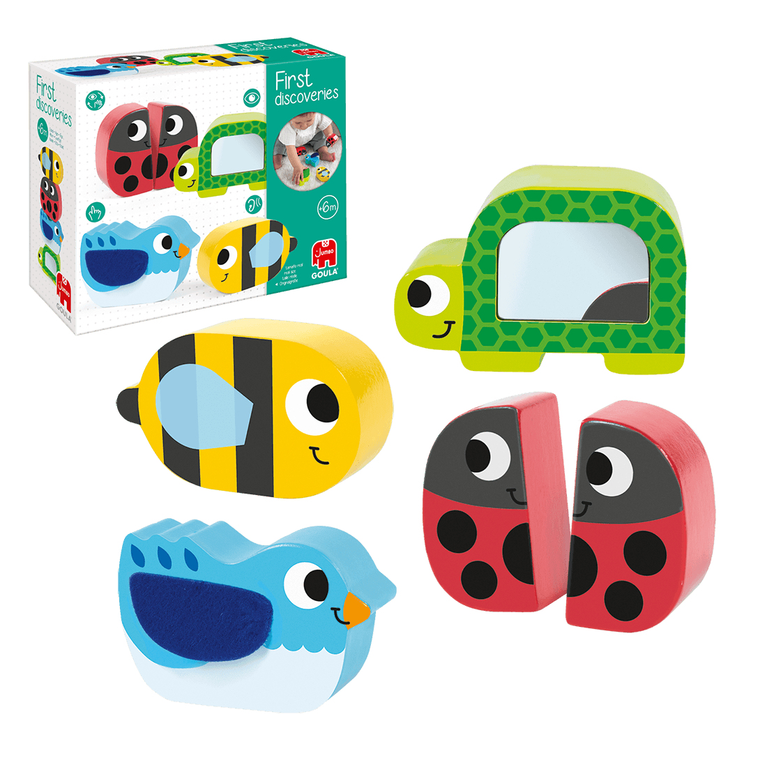 Holzspielzeug: Marienkäfer, Biene, Vogel, Schildkröte mit Spiegel und Verpackung.