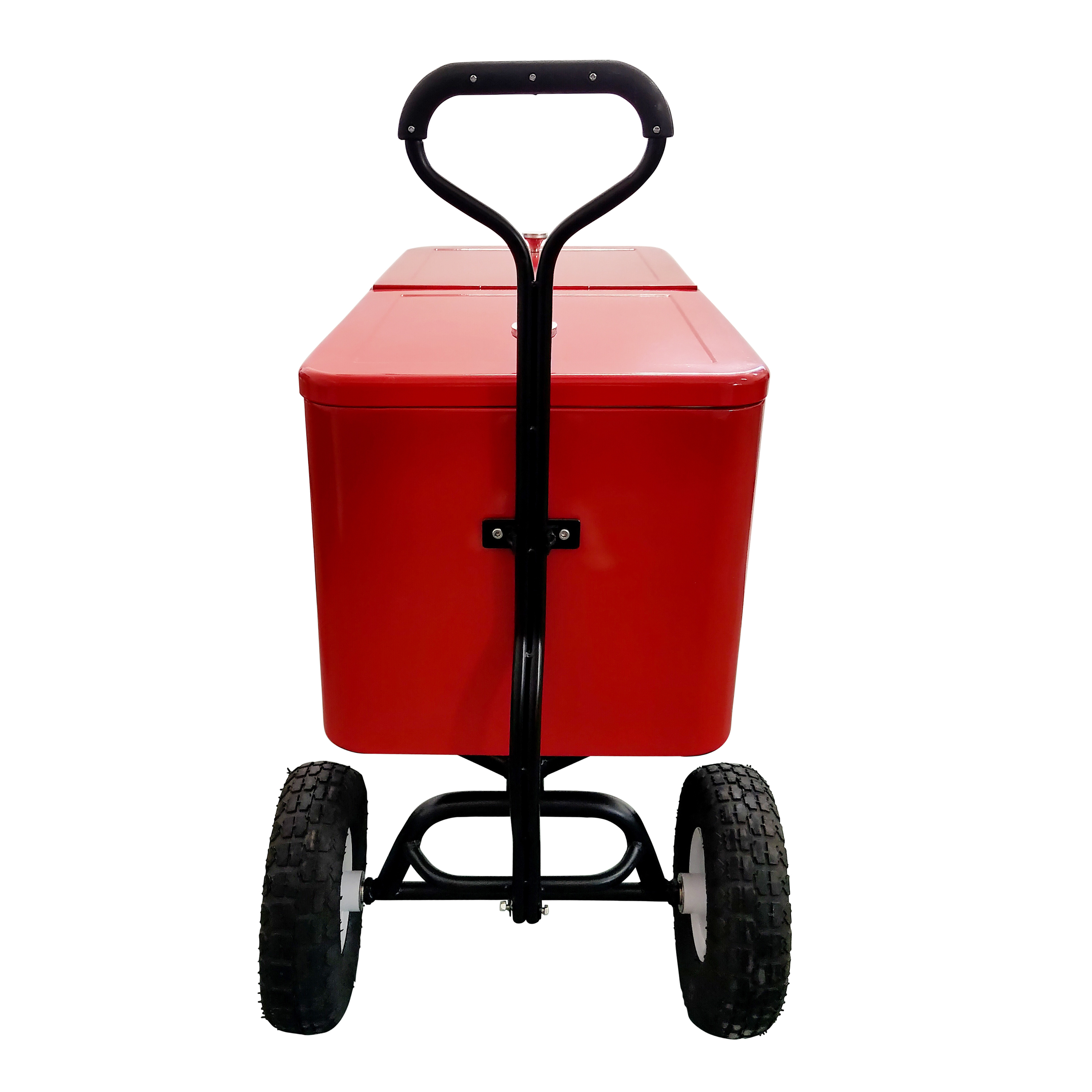 Roter Wagen mit zwei Achsen und schwarzen Rädern.