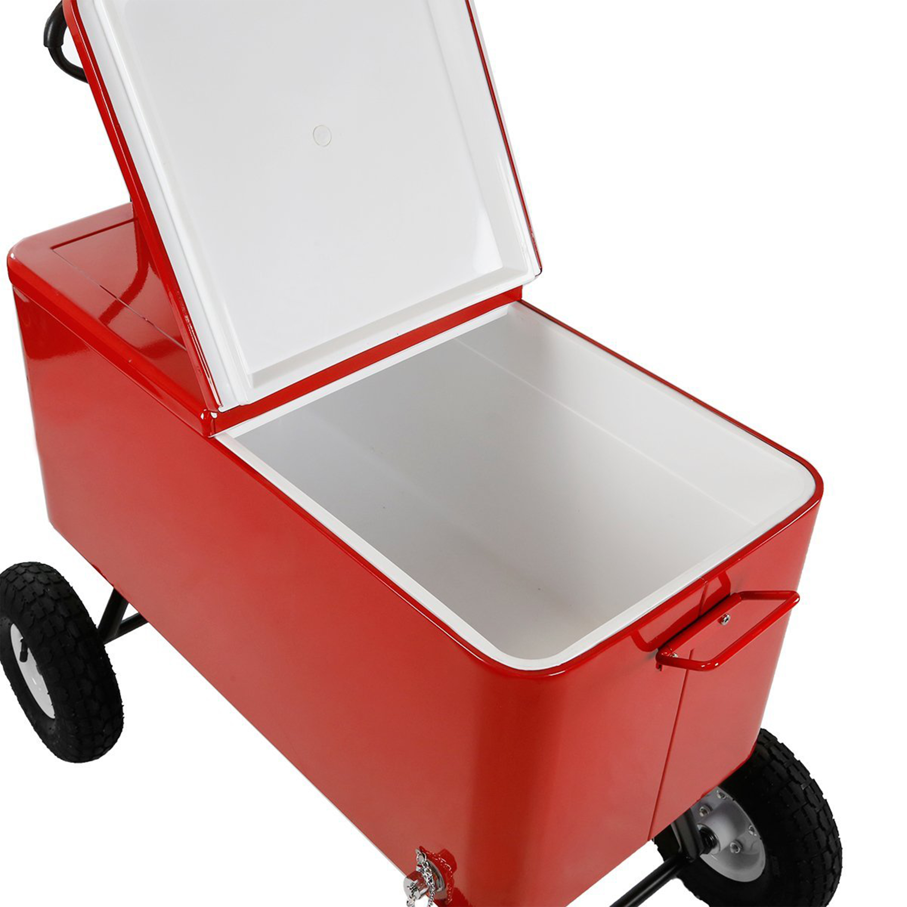 Roter Rollkühler mit offenem Deckel und zwei schwarzen Rädern.