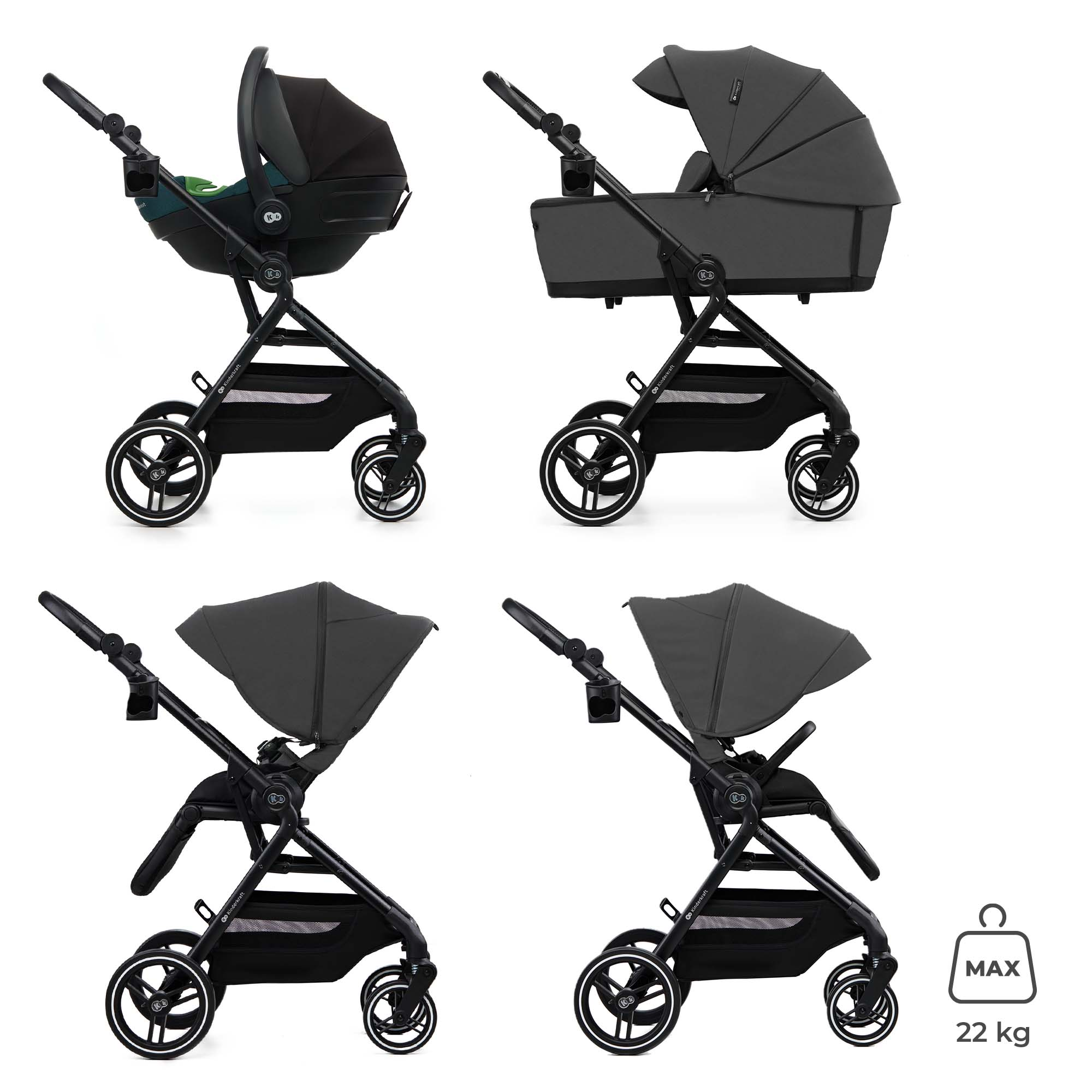 Vier Ansichten eines Kinderwagens: mit Autositz, Liegewanne und zwei Sitzen.