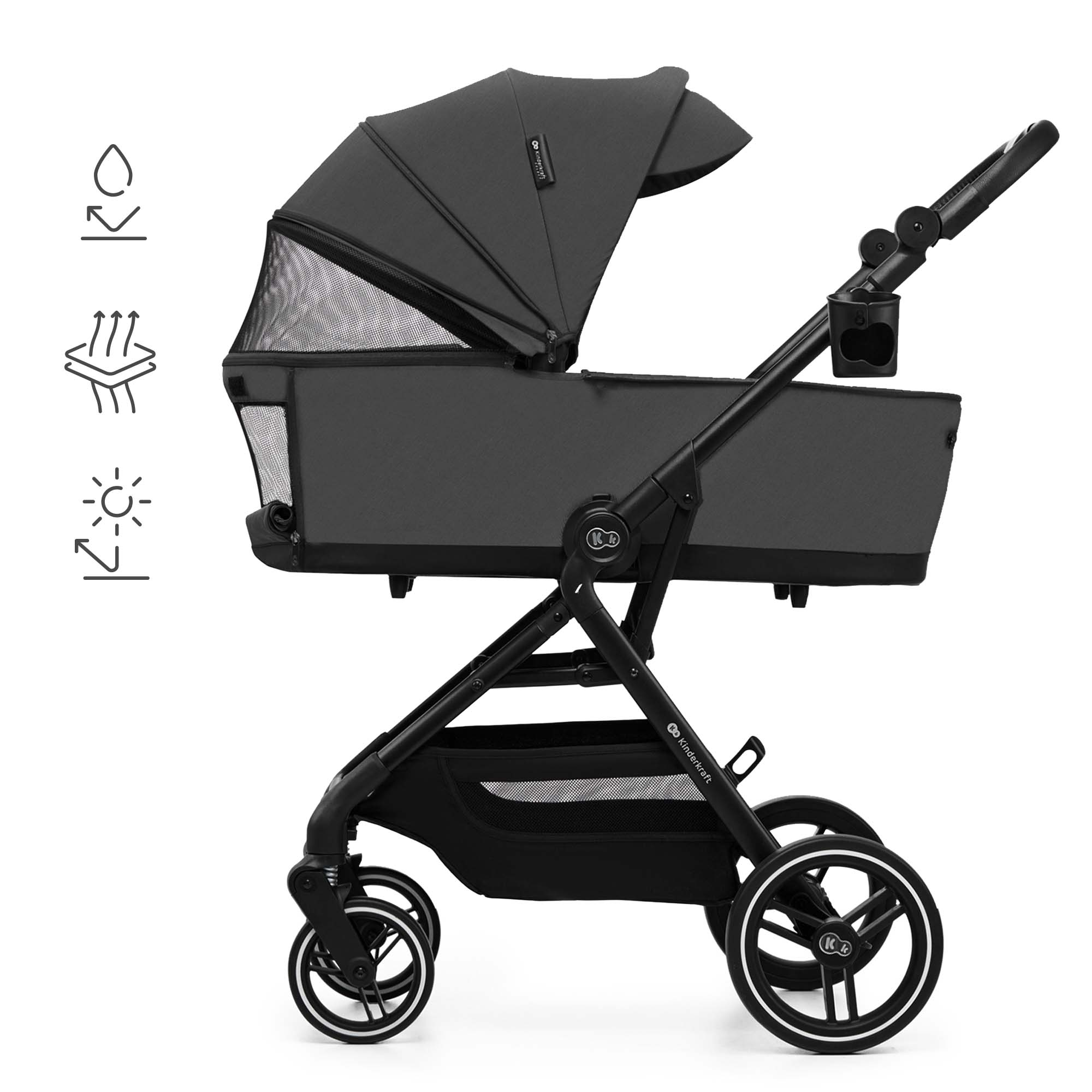 Ein dunkler Kinderwagen mit verstellbarem Verdeck, Sonnendach und Netzfenster.