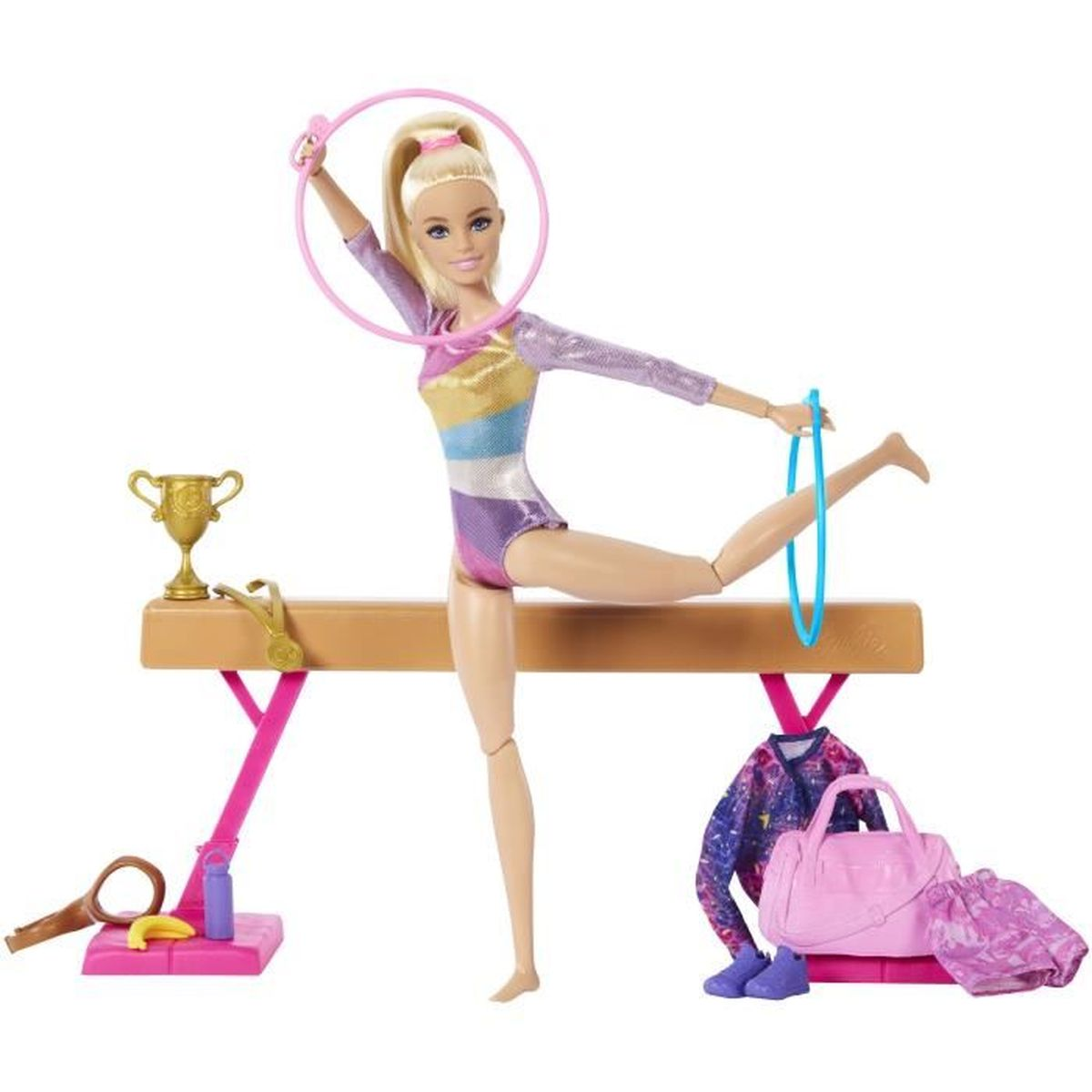 Muñeca Barbie con traje de gimnasia en viga con aros, trofeo y accesorios.