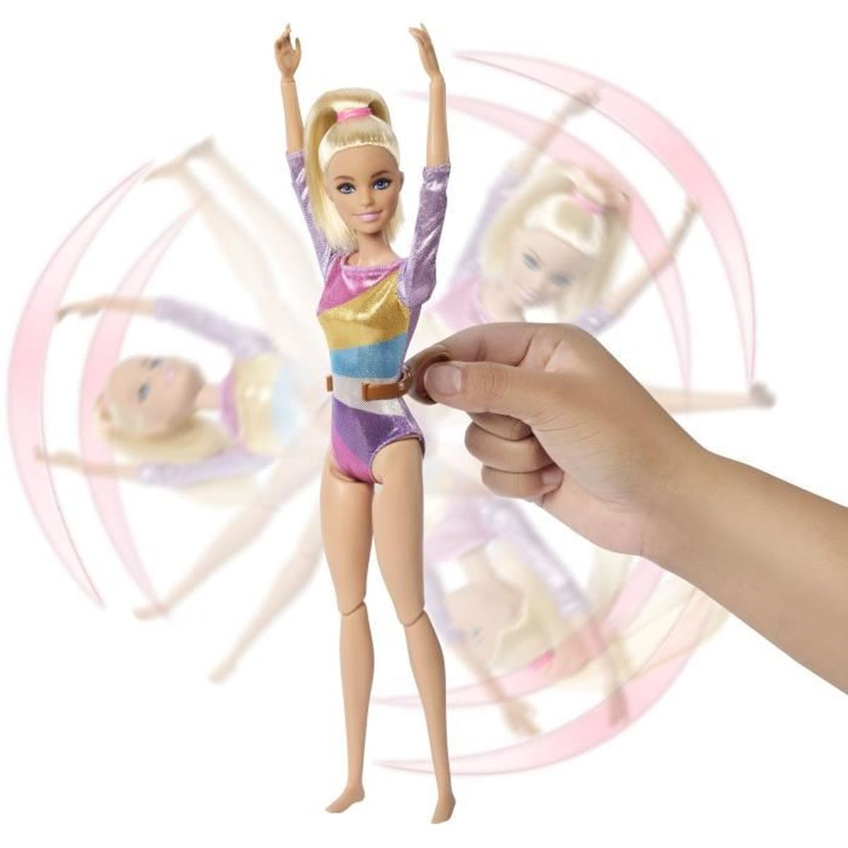 Muñeca Barbie con leotardo colorido, brazos levantados. Mano gira mecanismo en su cintura.