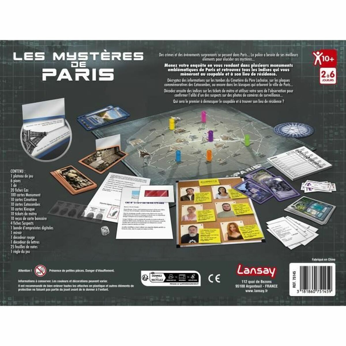Das Brettspiel "Les Mystères de Paris" zeigt eine Karte mit Spielfiguren und Spielmaterialien.