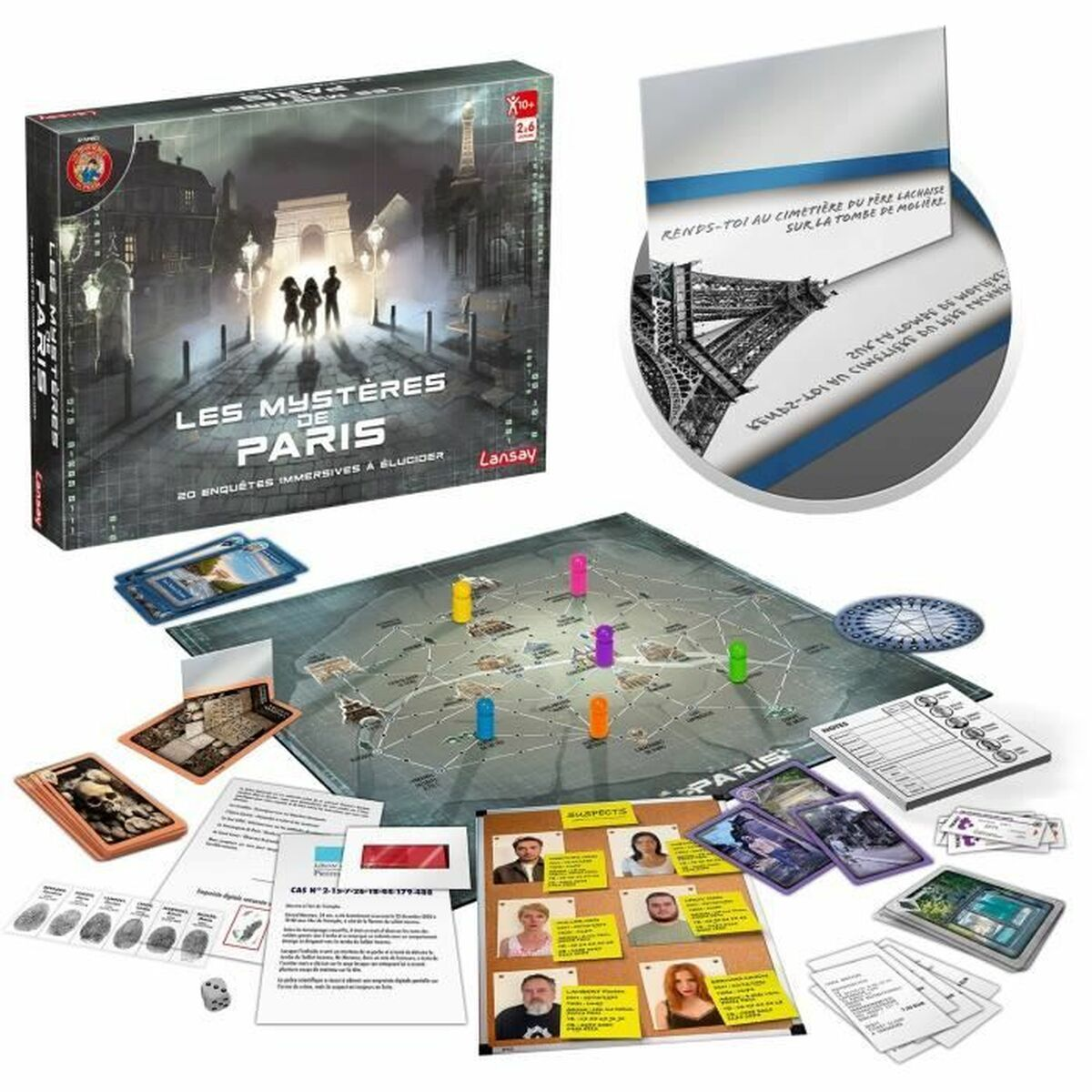 Brettspiel "Les Mystères de Paris" mit Spielfeld, Karten, Figuren und Verdächtigen.