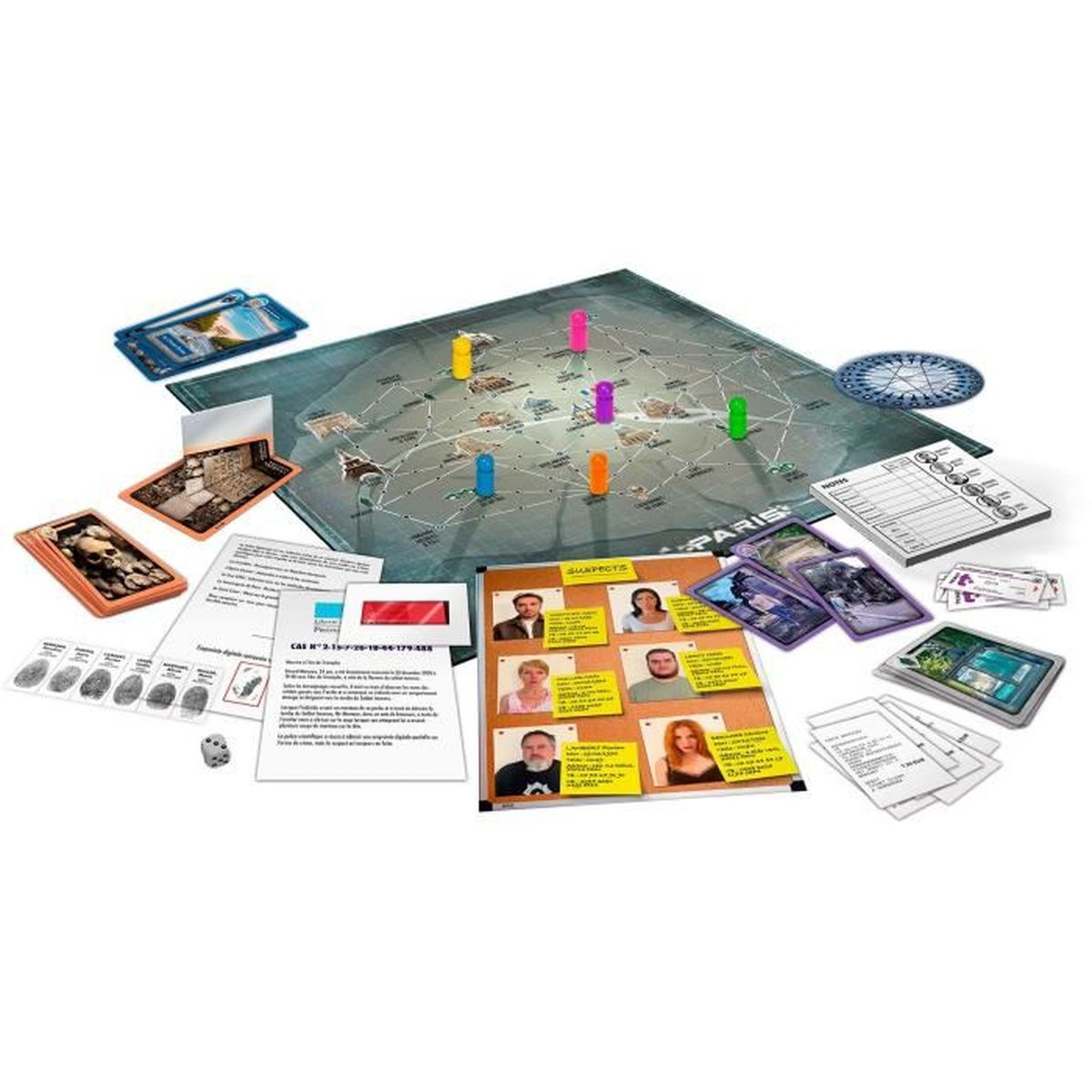 Brettspiel mit Paris-Karte, Verdächtigenfotos, Karten, Spielsteinen und Würfeln.