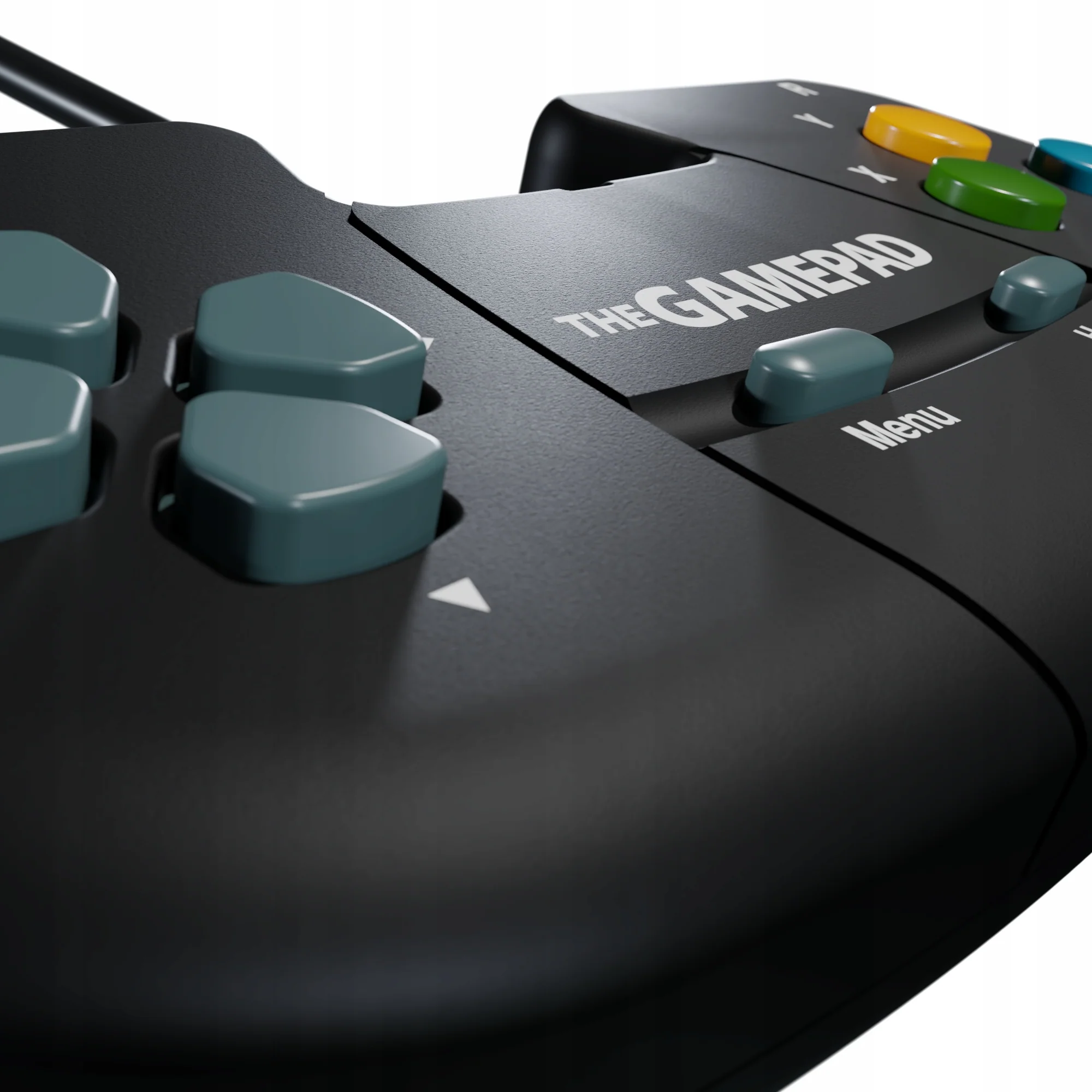 Czarny gamepad z turkusowymi przyciskami i kolorowymi przyciskami akcji.