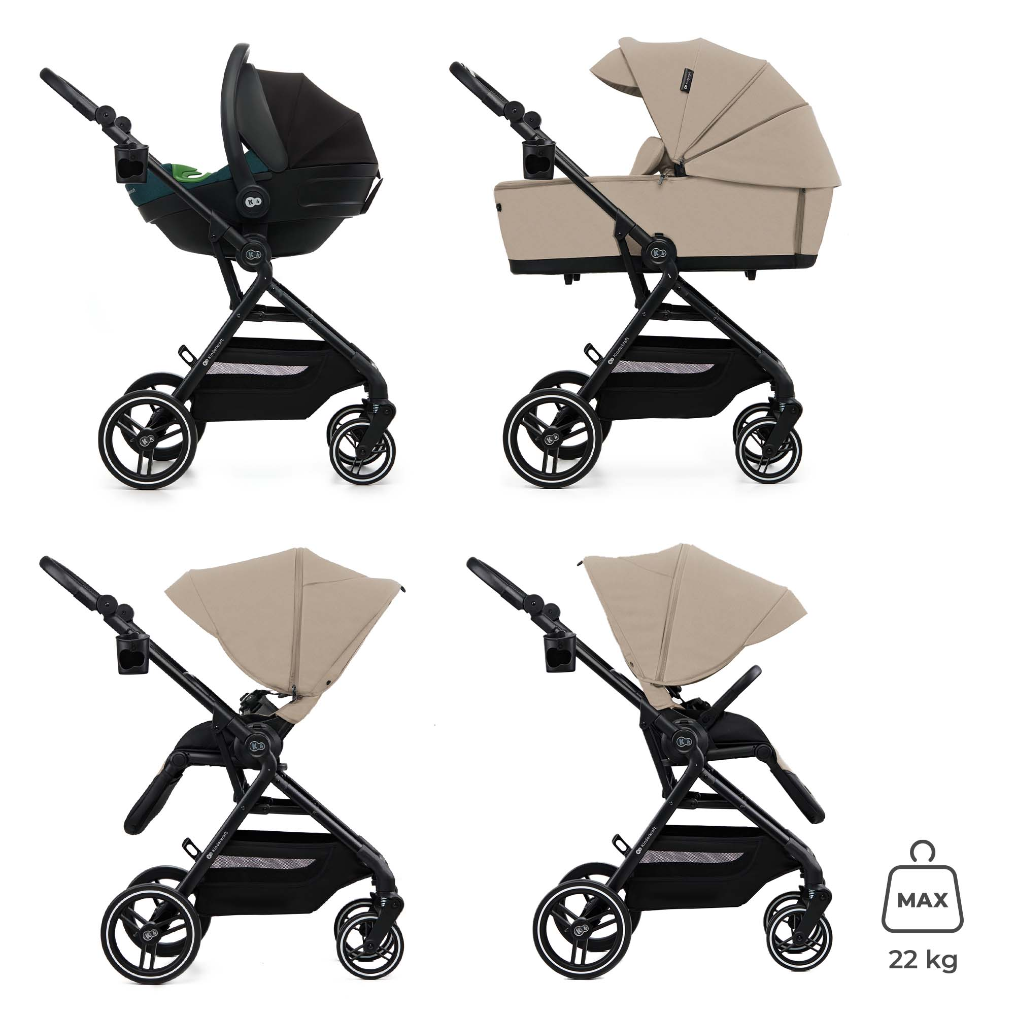Vier Kinderwagen-Konfigurationen: Tragetasche, Autositz, Sitz und Gewichtsangabe.